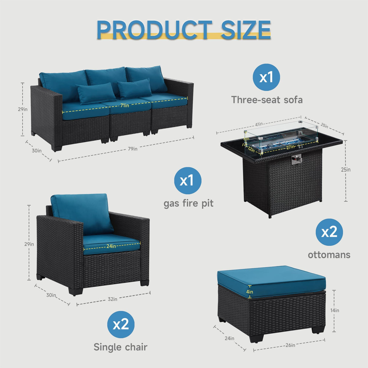 6 Pieces Outdoor Patio Furniture Sets with Furniture Cover, PE Rattan Wicker Patio Conversation Set with 60000 BTU Outdoor Propane Fire Pit Table(Peacock Blue, Fire Pit Table) wudipatio