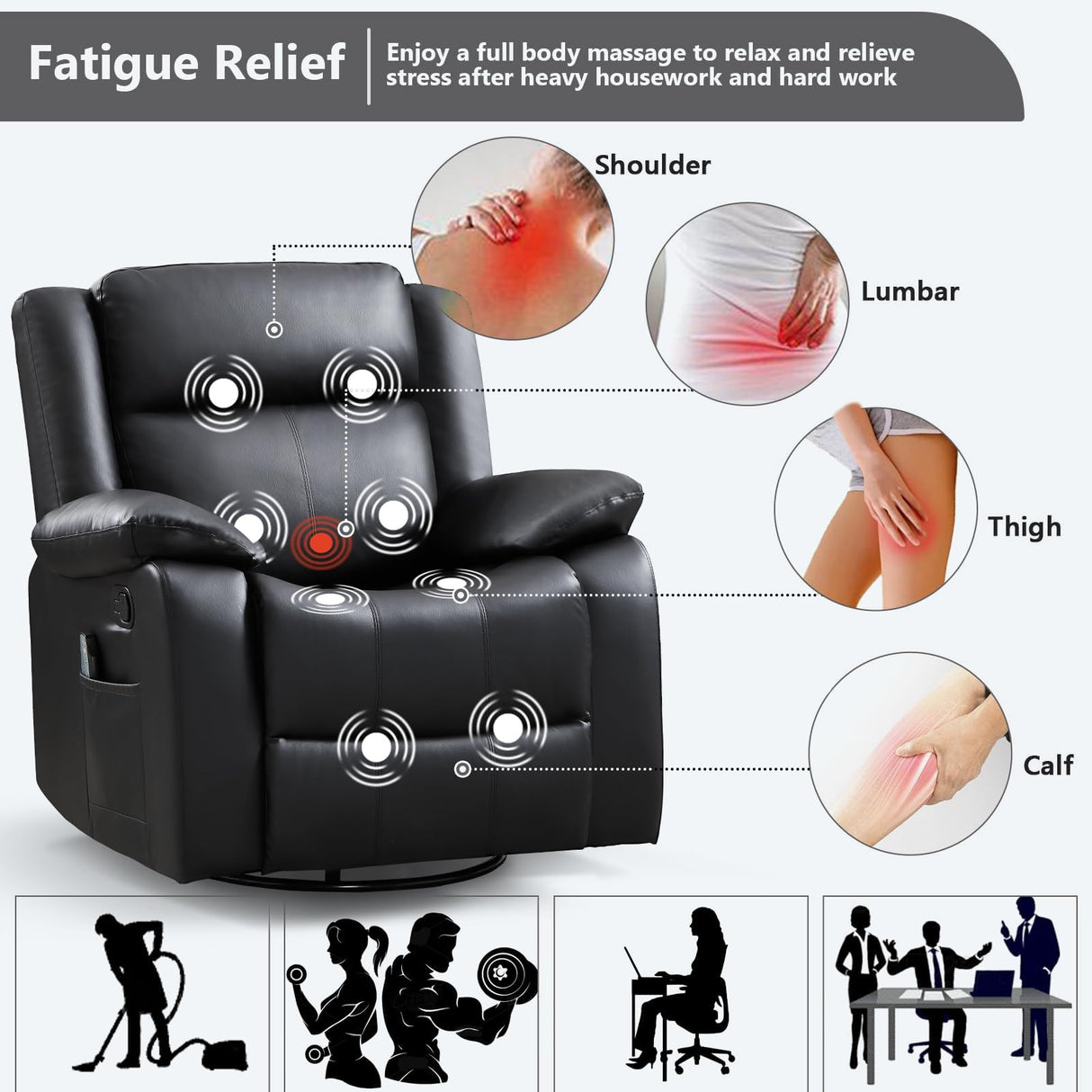 ANJ Swivel Rocker Recliner Chair, Manual Rocking Glider Massage Recliner with Heat, Overstuffed PU Leather Big Large Recliner for Living Room Bedroom Nursery ANJ