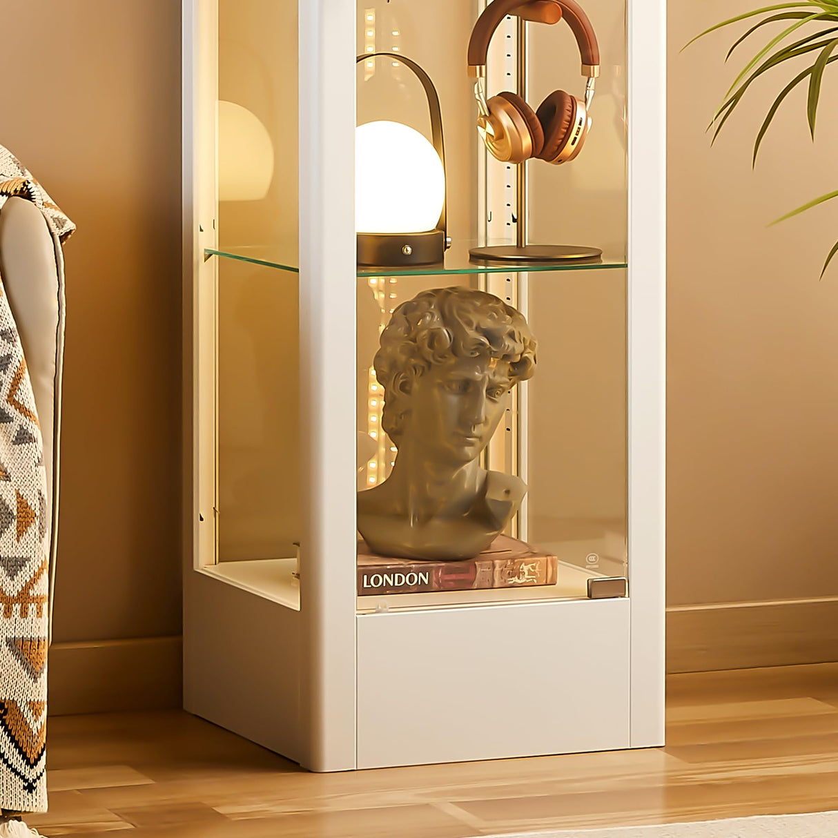 BECHAEO Glass Display Cabinet with 12 Color Lights and Lock, 4-Tier Curio Cabinet with Tempered Glass Door, Adjustable Shelves, 63" Metal Display Case for Collectibles Living Room, White BECHAEO