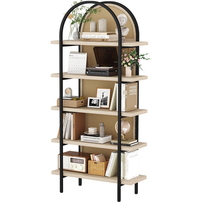 Yusong Bookshelf Rattan 5 Tier Arched Bookcase, 74" Tall Industrial Open Book Shelves for Living Room, Modern Freestanding Display Shelving Boho Storage Rack with Metal Frame for Office, Brown