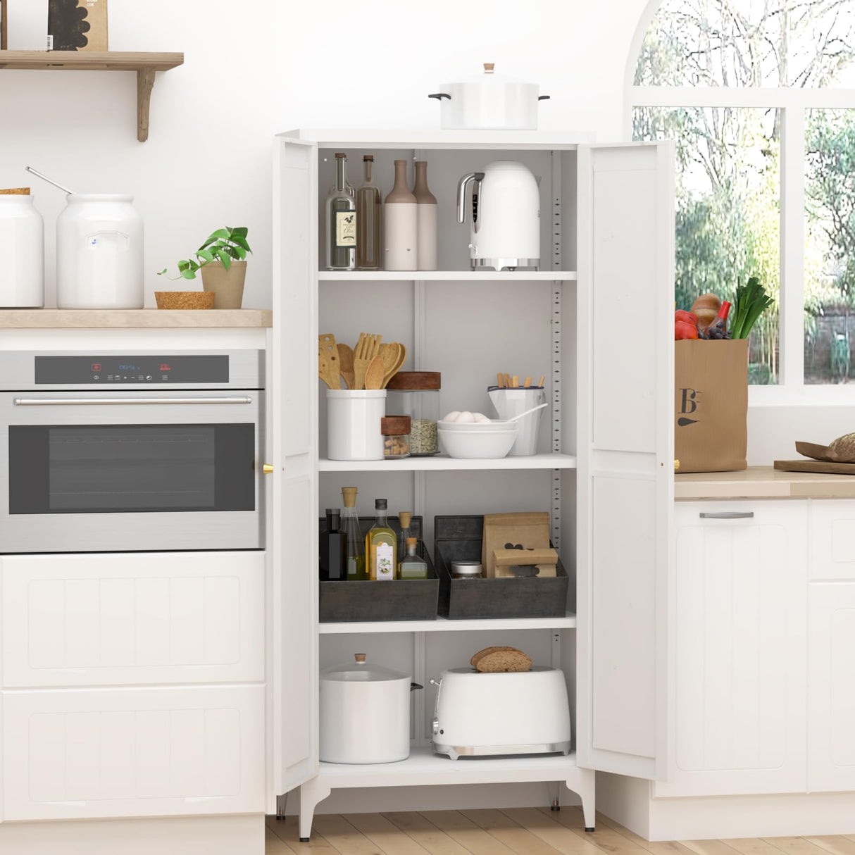 GREATMEET 65" Food Pantry Cabinet, Tall Kitchen Pantry Cabinet, White Metal Farmhouse Kitchen Cupboard with Doors and Adjustable Shelves for Dining Room, Living Room and Laundry GREATMEET