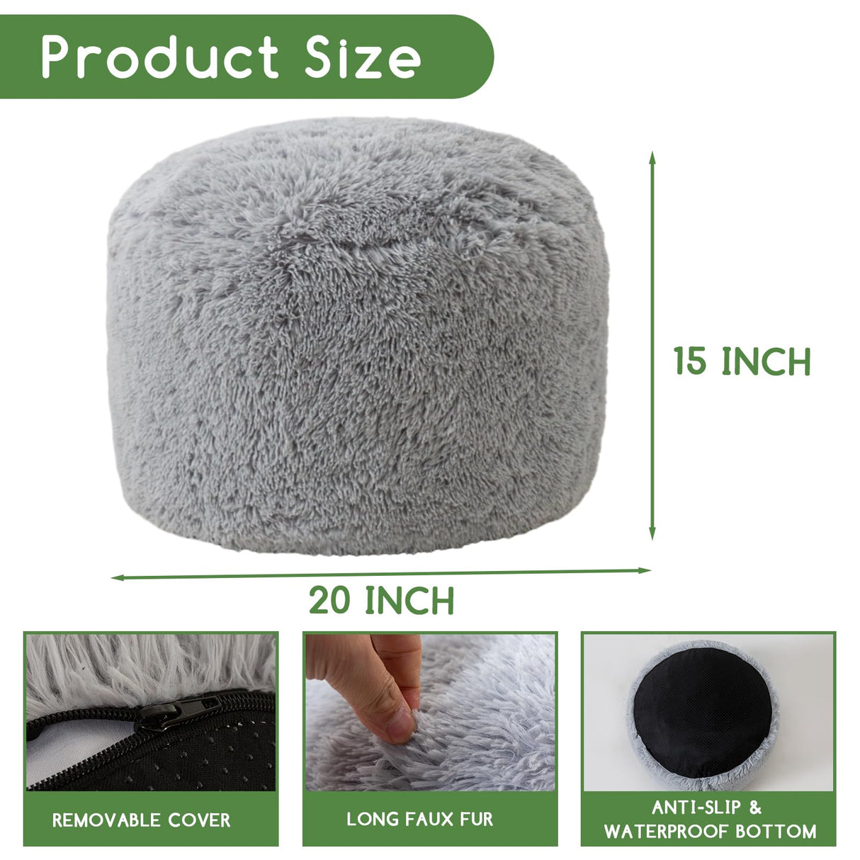 HIGOGOGO Round Stuffed Pouf Ottoman, Long Faux Fur Poufs with Foam Chunk Filling, Fluffy and Furry Pouf Foot Stool Storage Ottoman, 20 X 15 Floor Poufs Foot Rest for Living Room, Grey HIGOGOGO