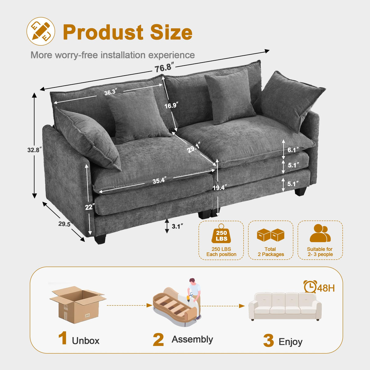 77" Cloud Chenille Sofa Set with Pillows, Deep Seat Loveseat Couch for Apartments, Space Saving 2-Seater with Solid Wood Frame, Easy Assembly (1YR Guarantee) MUDANT