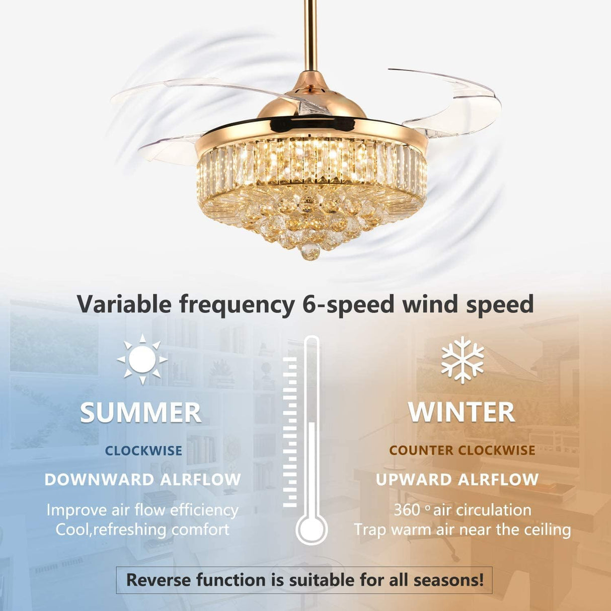 Siljoy 36 Inch Gold Fandelier Ceiling Fan with Light, Crystal Ceiling Fan with Lights and Remote, LED Dimmable Chandelier Fan with Invisible Reversible Fan Blades for Bedroom Living Room Dining Room Siljoy