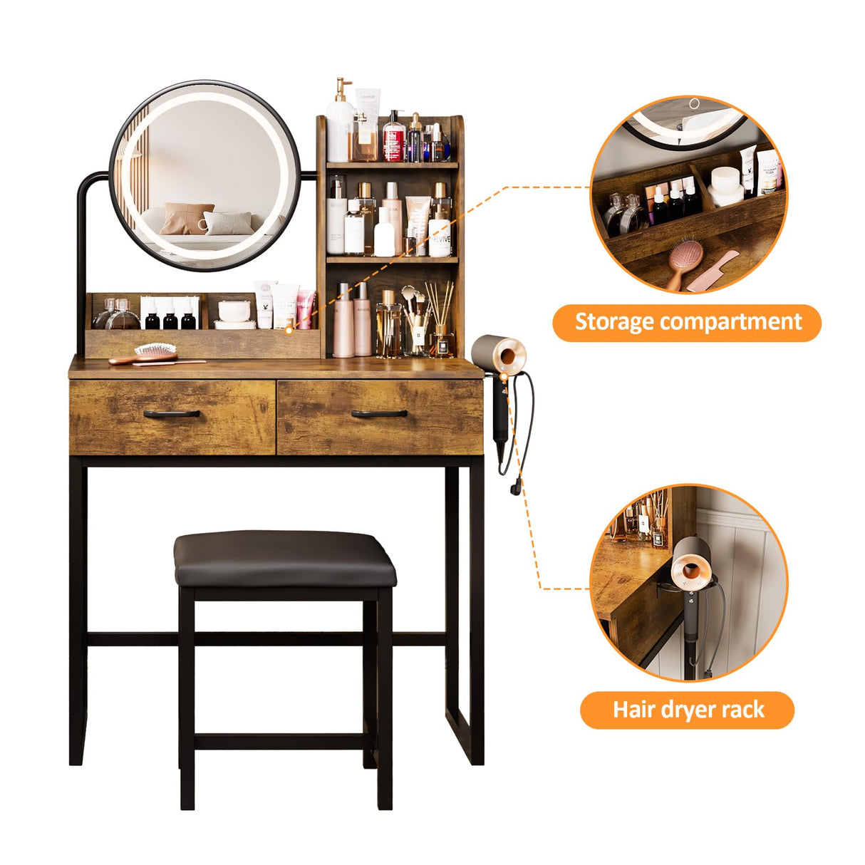 Makeup Vanity Desk with Round Mirror and Lights, White Vanity Makeup Table with 2 Drawers, Small Vanity Table for Bedroom with Lots Storage (Brown and Black, 15.75 * 31.5 * 53.6in) Vabches