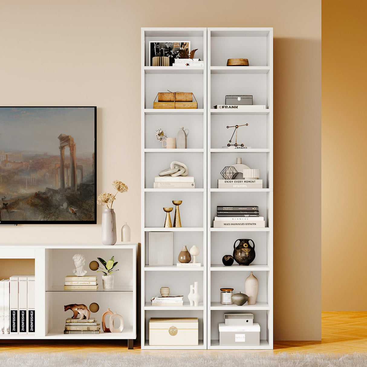 oneinmil 71.5" Tall Narrow Bookshelf, 8-Tier Cube Display Rack, Modern Corner Bookshelf with Storage Space, CD Storage Cabinet for Home Office (White 1 Pack, 8-Tier) oneinmil