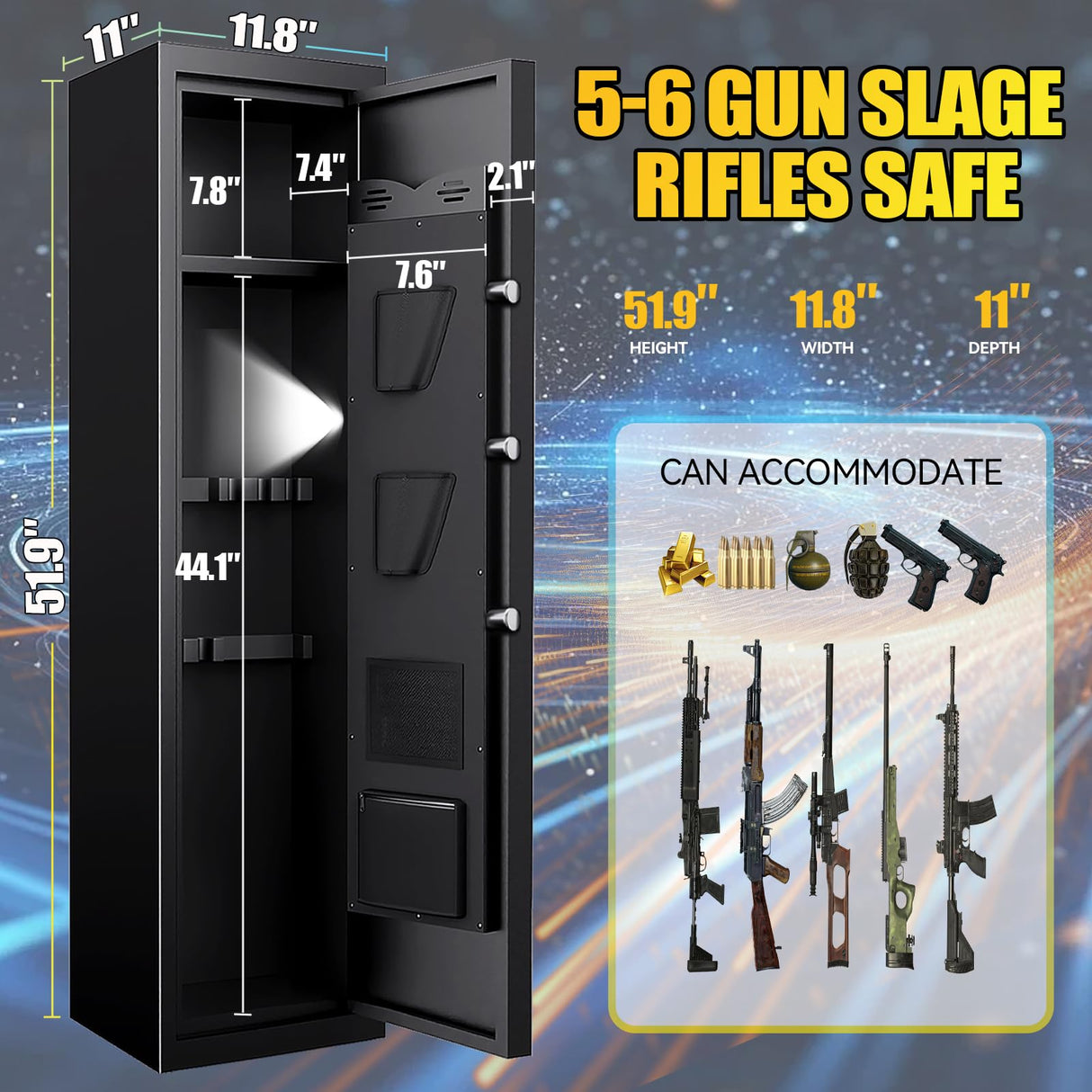 TXTDPL Gun Safe,with Alarm System and Biometric Gun Cabinet,Quick Access Shotgun Rifle Gun Safe,with 2 Pistol Pouches,Silent Mode,Adjustable Gun Rack,No Assembly,11" D x 11.8" W x 52" H,Black TXTDPL