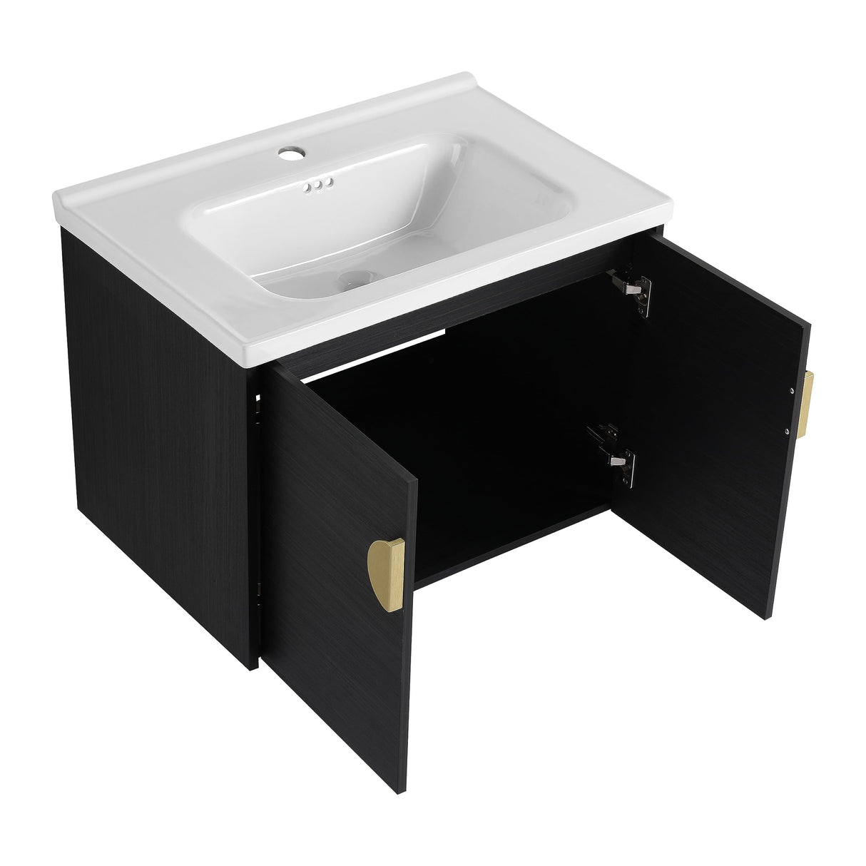 SSLine Modern 28" Floating Bathroom Vanity with Sink Wall Mounted Bathroom Vanity with Top Basin & Storage Cabinet Luxury Black Wood Hanging Vanity w/Ceramic Sink & Gold Handles for Small Space SSLine