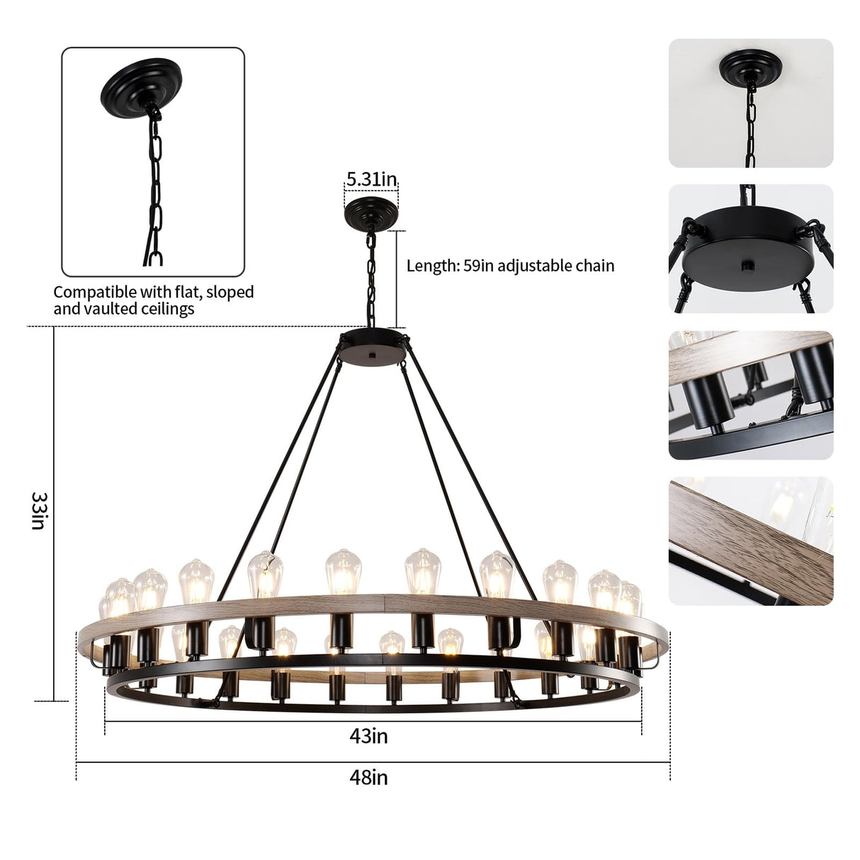 WOGON WEEL Wagon Wheel Chandelier 48-Inch 24-Light, Black and Oak Wood Tone Finish Round Rustic Farmhouse Chandelier Extra Large for High Ceilings, Living Room Foyer WOGON WEEL