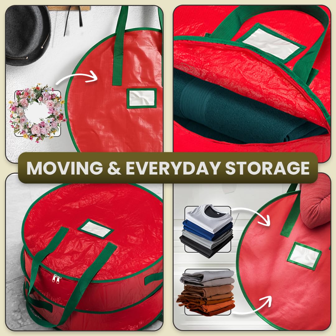 Handy Laundry Wreath Storage Bag 24" - 2 Pack Durable Waterproof Tarp Material with Zipper & Reinforced Handles - For Holiday Décor, Tires, Wheels, Garage or Moving Organization (Red) Handy Laundry