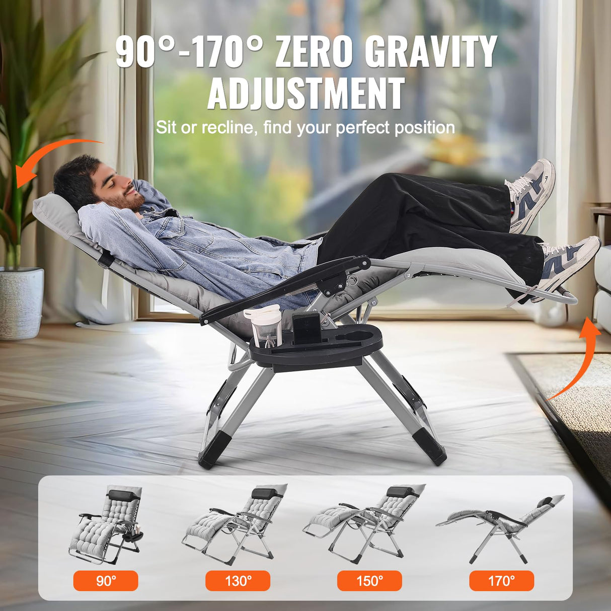 VEVOR Zero Gravity Chair, 33 inch Zero Gravity Recliner Lounge Chair for Indoor and Outdoor, Adjustable Anti Gravity Chair with Cushion, Headrest, Footrest, and Cupholder, 500 lbs, Gray VEVOR