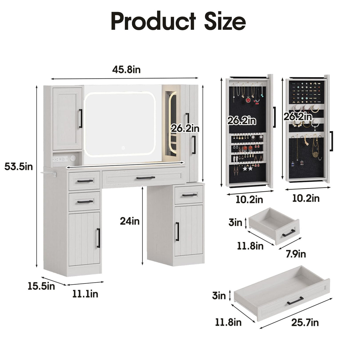 Maupvit Makeup Vanity with Lighted Mirror & Power Strip, Large Vanity Desk with Sliding Jewelry Storage Shelves, 4 Drawers, 3 Cabinets & Hairdryer Rack, 3 Lighting Modes, Bedroom Dressing Table, White Maupvit