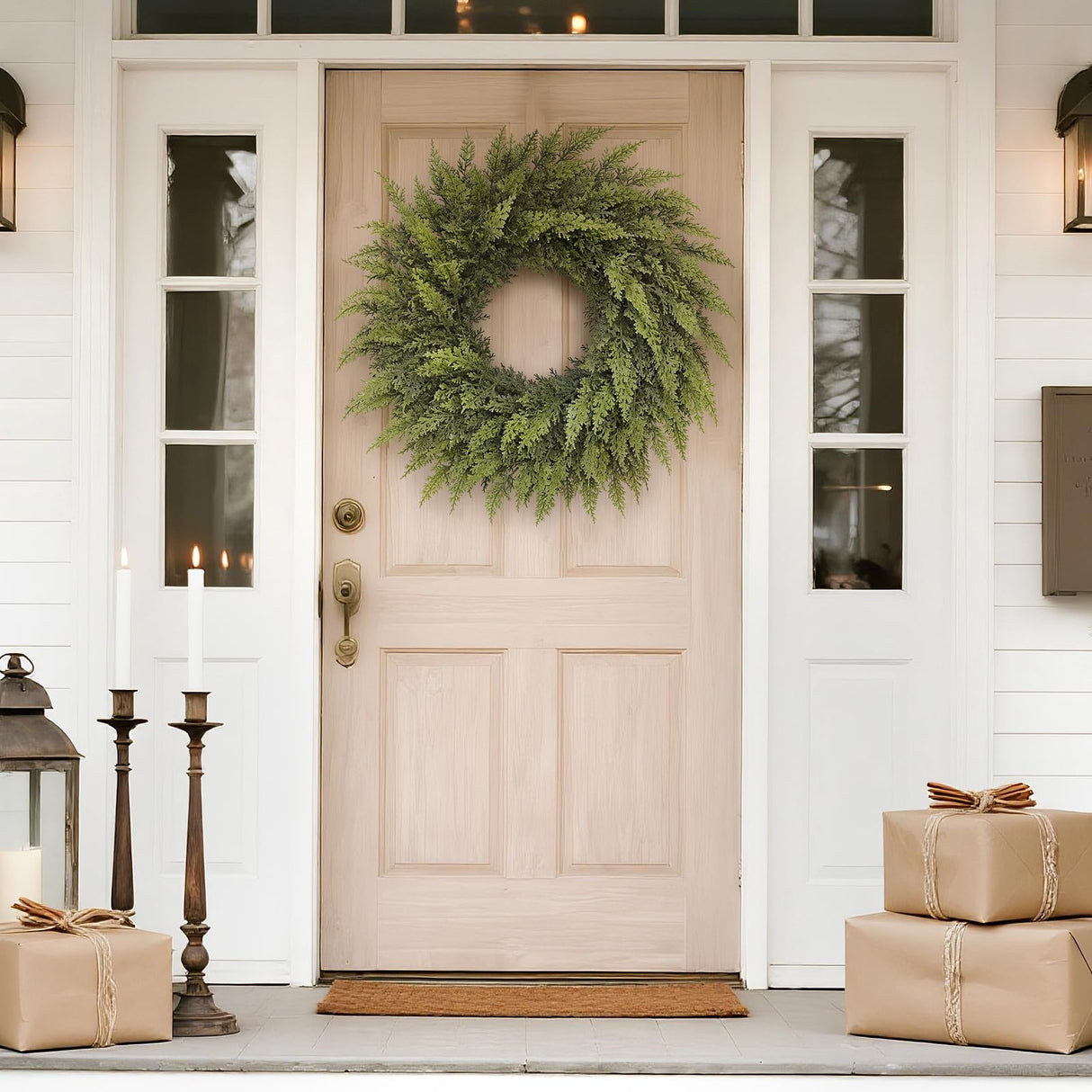 24" Real Touch Christmas Cedar Wreath - Artificial Cedar Wreaths Faux Green Fake Pine Needles Wreath for Front Door, Wall, Windows, Home,Outdoor,Xmas Decor VIERENA