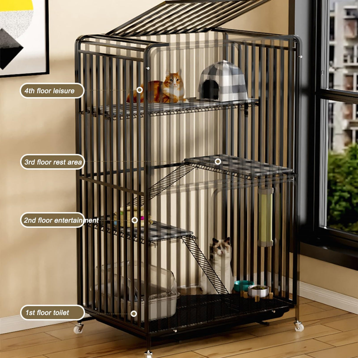 HARELA Catio Cat Enclosures Outdoor for Cats, Balcony Cat Playpen with Platforms, Wheels and Removing Tray, Ideal for Safe Play and Relaxation, for Cat Activity, for 1-3 Cats(White), 85*60*147cm HARELA