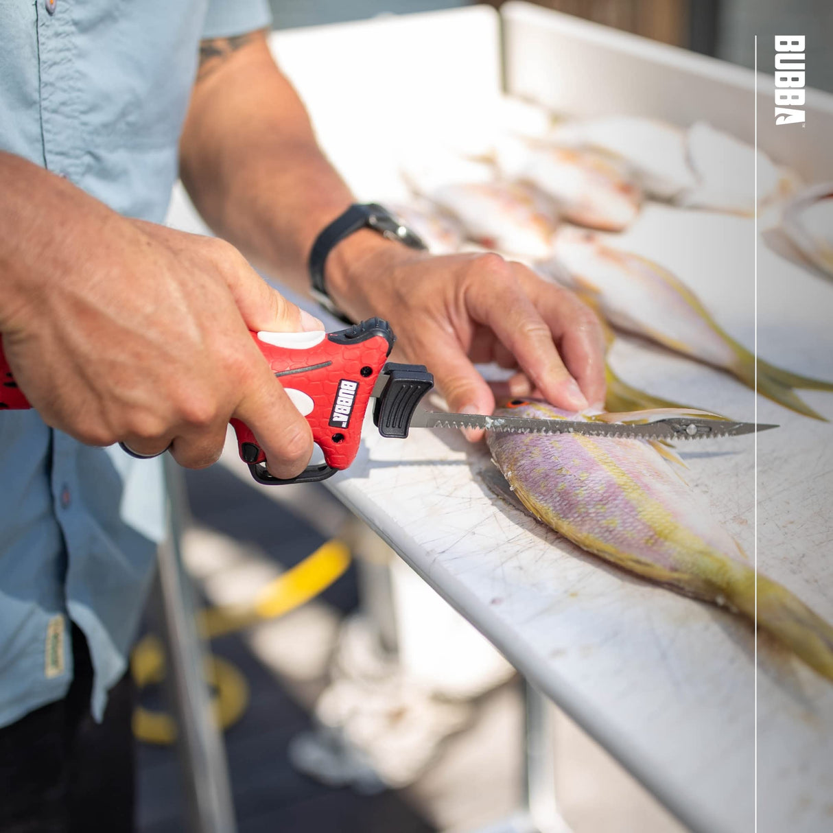 BUBBA Li-Ion Cordless Electric Fillet Knife with Non-Slip Grip Handle, 4 Ti-Nitride S.S. Coated Non-Stick Reciprocating Blades, Charger and Case for Fishing BUBBA