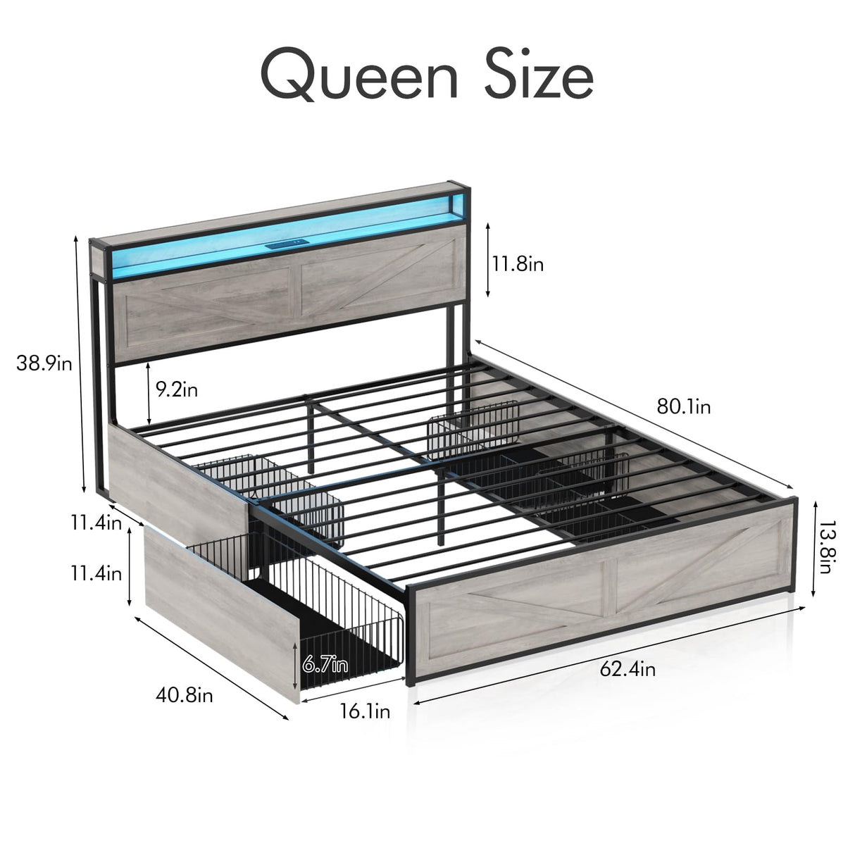 Halitaa LED Queen Size Bed Frame with Charging Station & 4 Drawers, Platform Metal Bed Frame with Headboard USB Ports Outlets, Farmhouse Bed Frame with LED Lights, Noise Free, Wash Grey (Queen) Halitaa