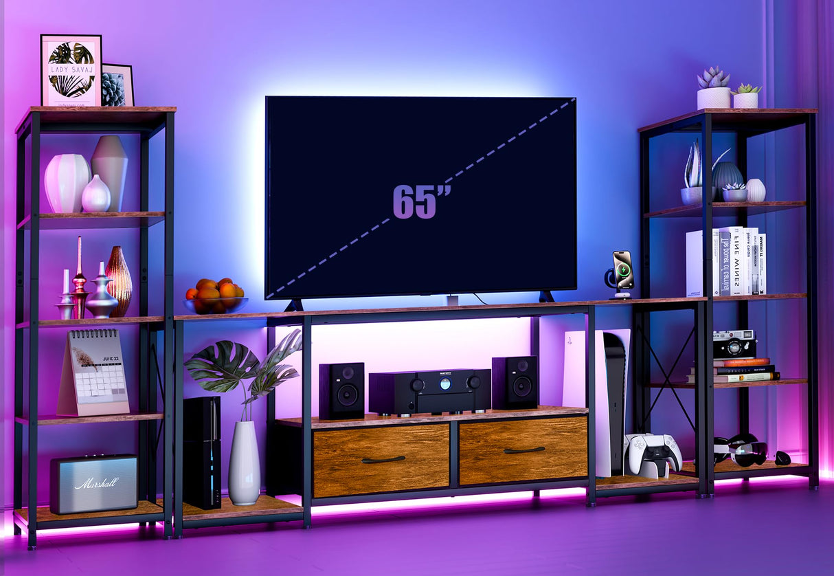 LovaraS Entertainment Center with Storage for TVs up to 65 Inch TV Stand for Living Room with 2 Bookshelves TV Console with 2 Fabric Drawers, Farmhouse Modern LED Lights & Power Outlets Bedroom LovaraS
