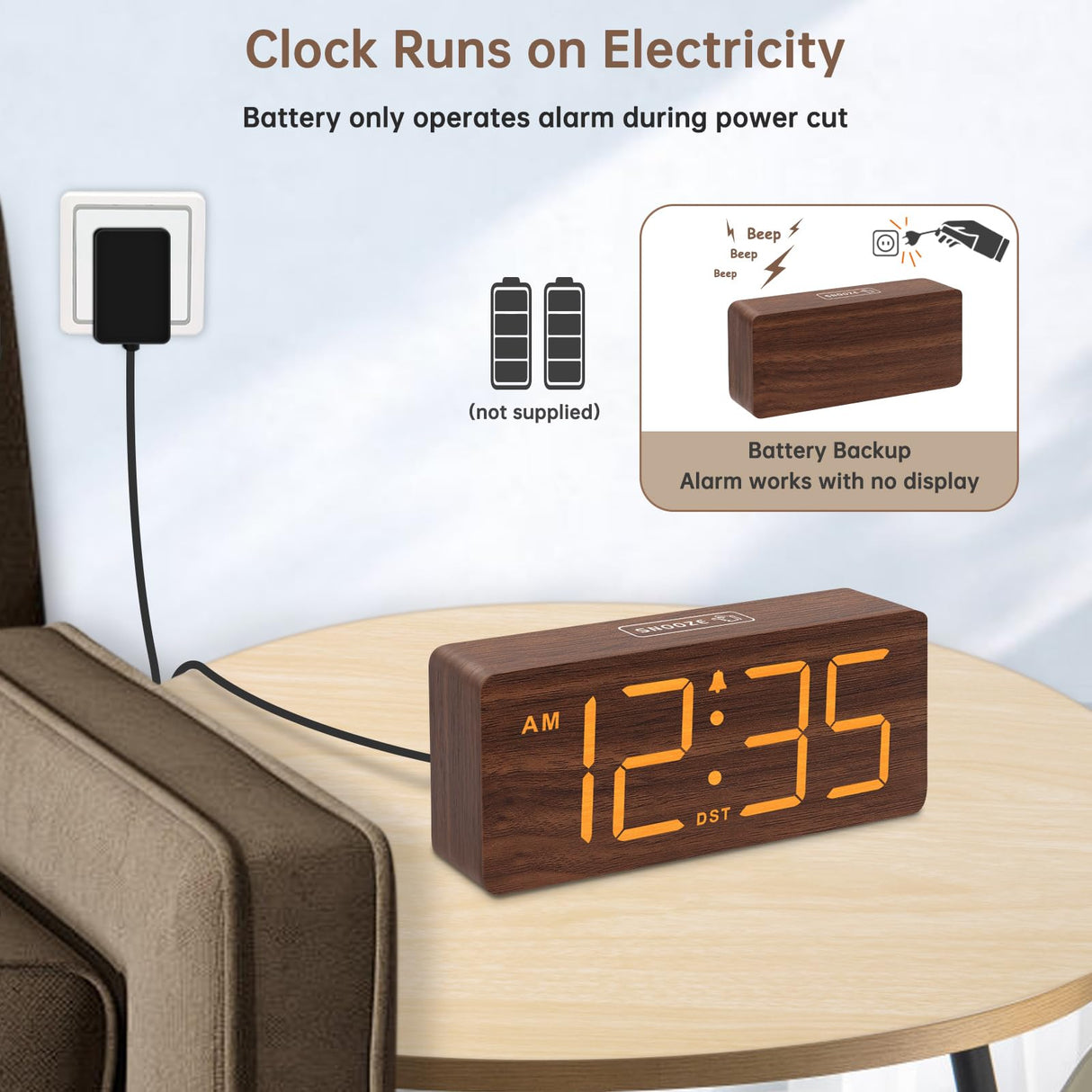 DreamSky Wooden Digital Alarm Clock for Bedroom - Desk Clocks with Large Numbers for Living Room, Office, Dimmer, USB Port, Loud Alarm for Heavy Sleepers with Volume Control, DST, Wood Decor & Gifts DreamSky