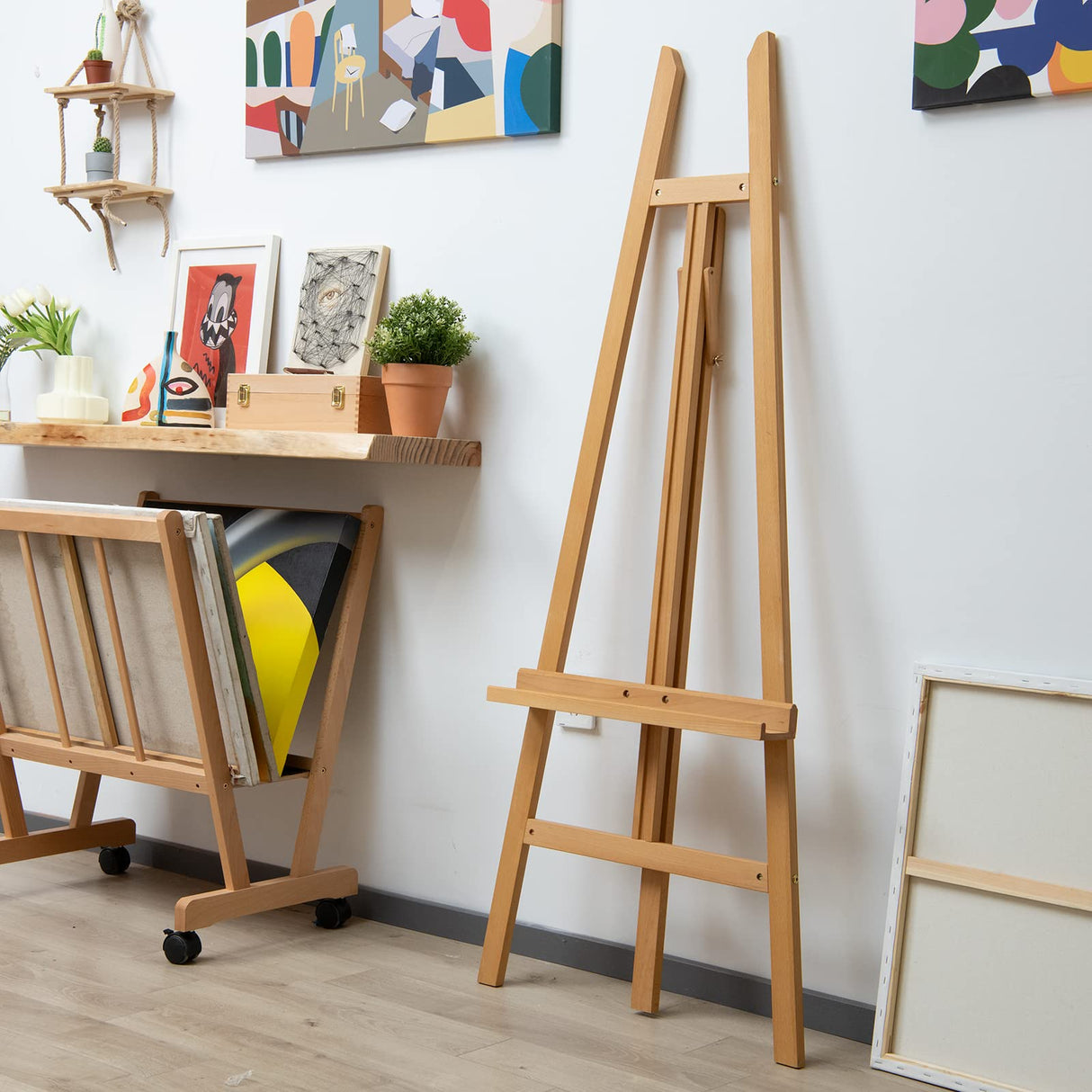 MEEDEN Large Adjustable Wooden Easel, Art Easel Stand for Painting Canvas, Holds Canvas up to 90", Beech Wood Floor Easel for Adults, Heavy Duty Artist Display Easel Holds 33 lbs for Drawing, Signs MEEDEN