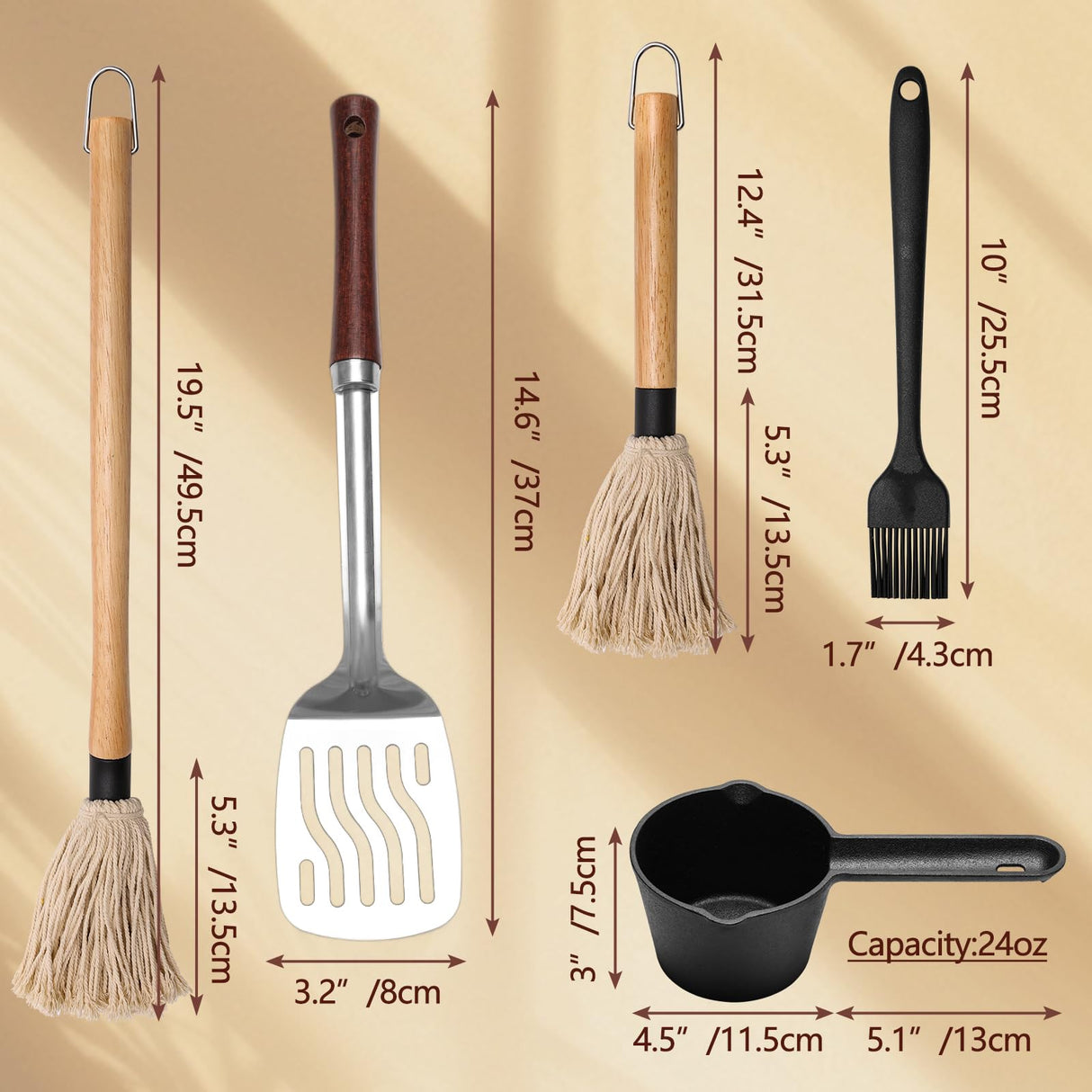 Zhaoyao BBQ Mop Brushes for Sauce and Cast Iron Sauce Pot for Grilling, 2PCS Wooden Handle Mop Brushes 18+11 Inch with 4PCS Replacement Silicone BBQ Basting Brush for Cooking Grill Spatula Zhaoyao