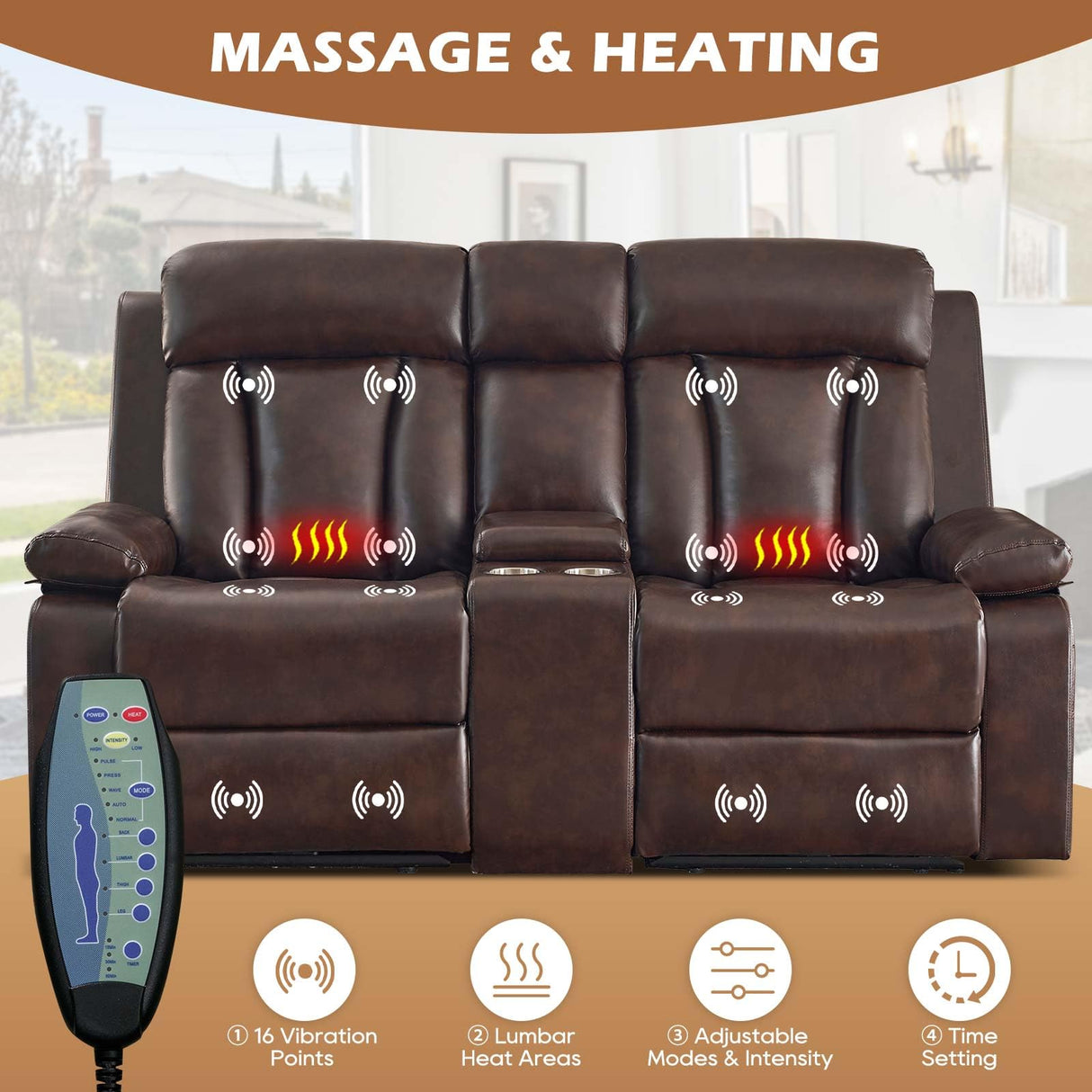 Consofa Power Reclining Loveseat with Console, Reclining Loveseat with Heat and Massage, Power Loveseat Recliner Sofa with Dual Ports, Cup Holders for Living Room, RV Sofa Consofa