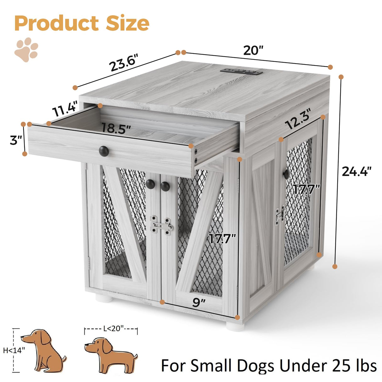 VOWNER Dog Crate Furniture, Wooden Dog Kennel End Table with USB Charging Station, Storage Drawer, Double Latched Door, Furniture-Style Crate Side Table for Small Dogs Under 25 lbs Indoor, Gray Pine VOWNER