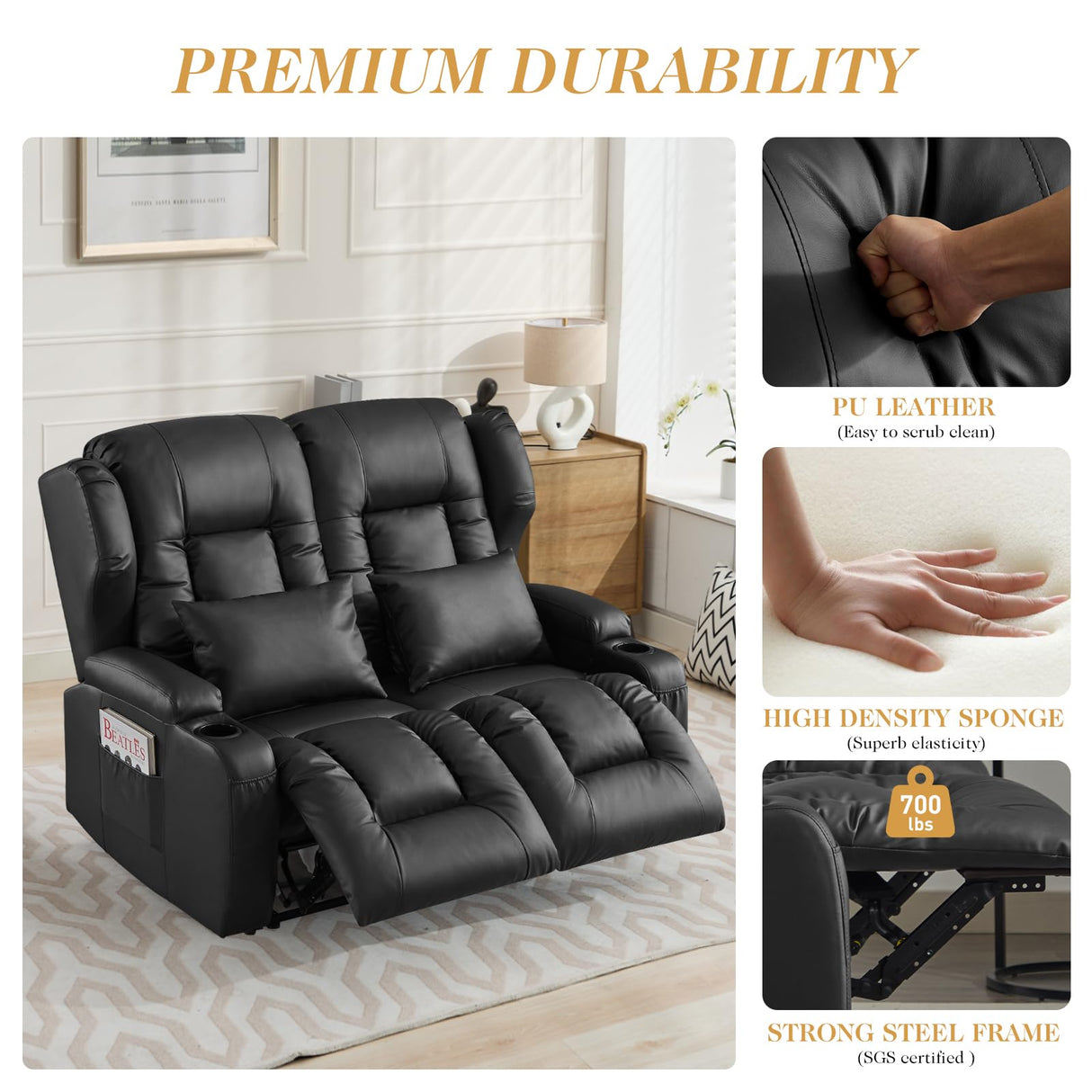 Loveseat Recliner Sofa,RV Couch 6'' Wall Hugger Recliners for Small Spaces,Faux Leather Reclining Loveseat Sofa Recliner with Cup Holders/Lumbar Pillows,RV Furniture (Black, Loveseat) Generic