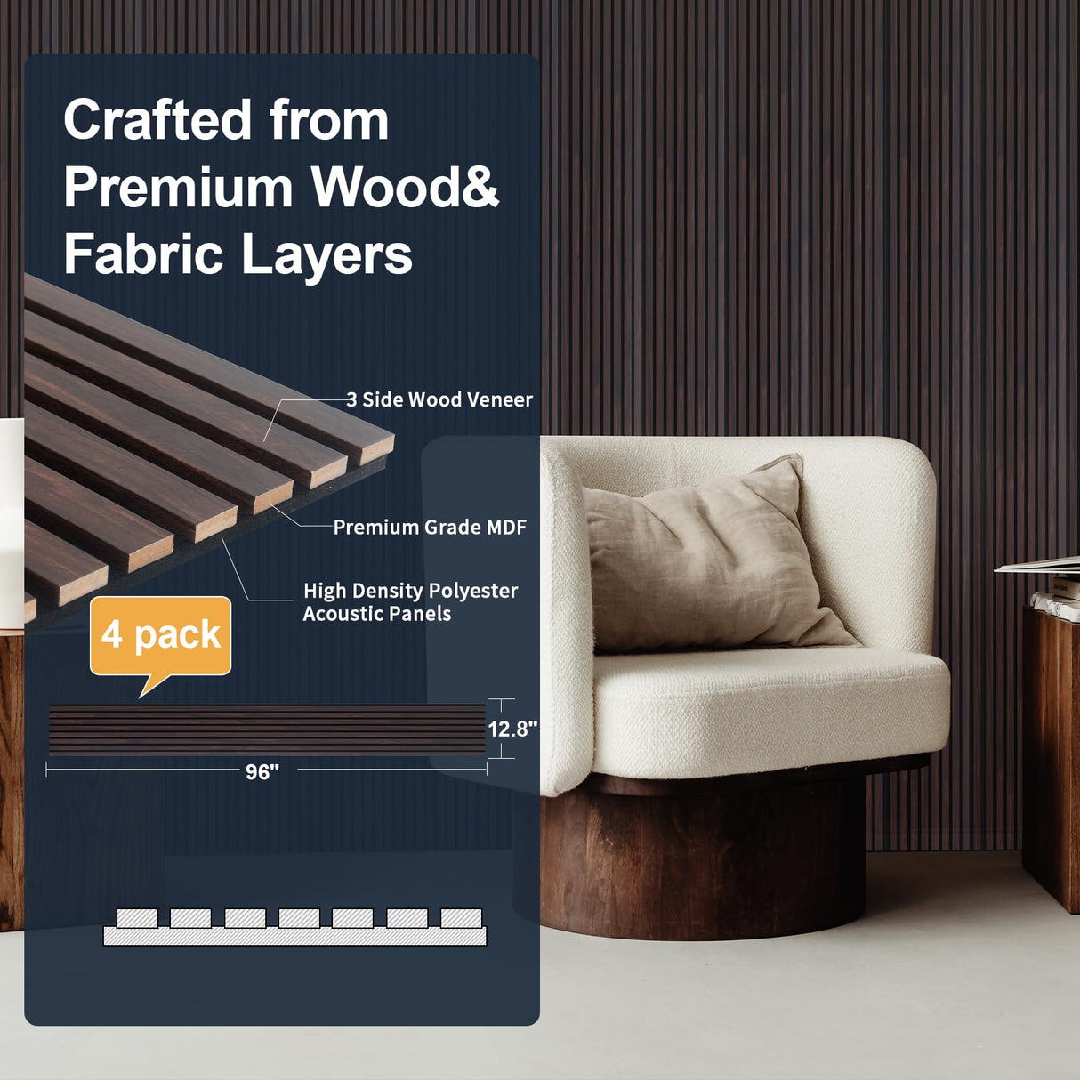 NeatiEase Wood Panels for Wall, 4-Piece 96" x 12.6" Soundproof Wood Slat Wall Panel for Interior Wall Decor Noise Cancelling, Wood Acoustic Wall Panels, Sound Absorbing Panel (Dark Walnut) NeatiEase