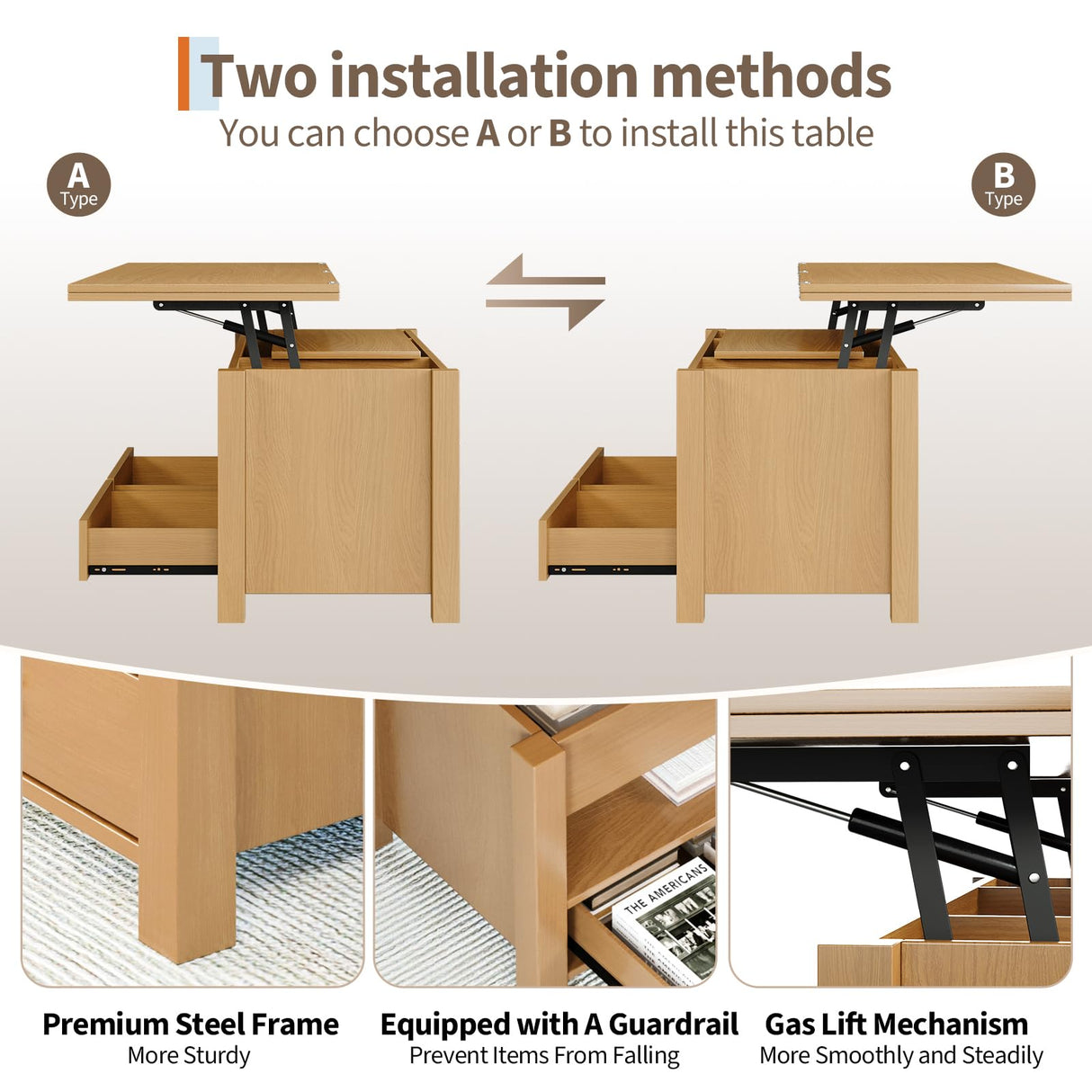Garvee 40" Coffee Table Lift Top, Multi-Function Convertible Coffee Table with Drawers and Hidden Compartment, Converts to Dining Table for Living Room, Raw Wood Garvee