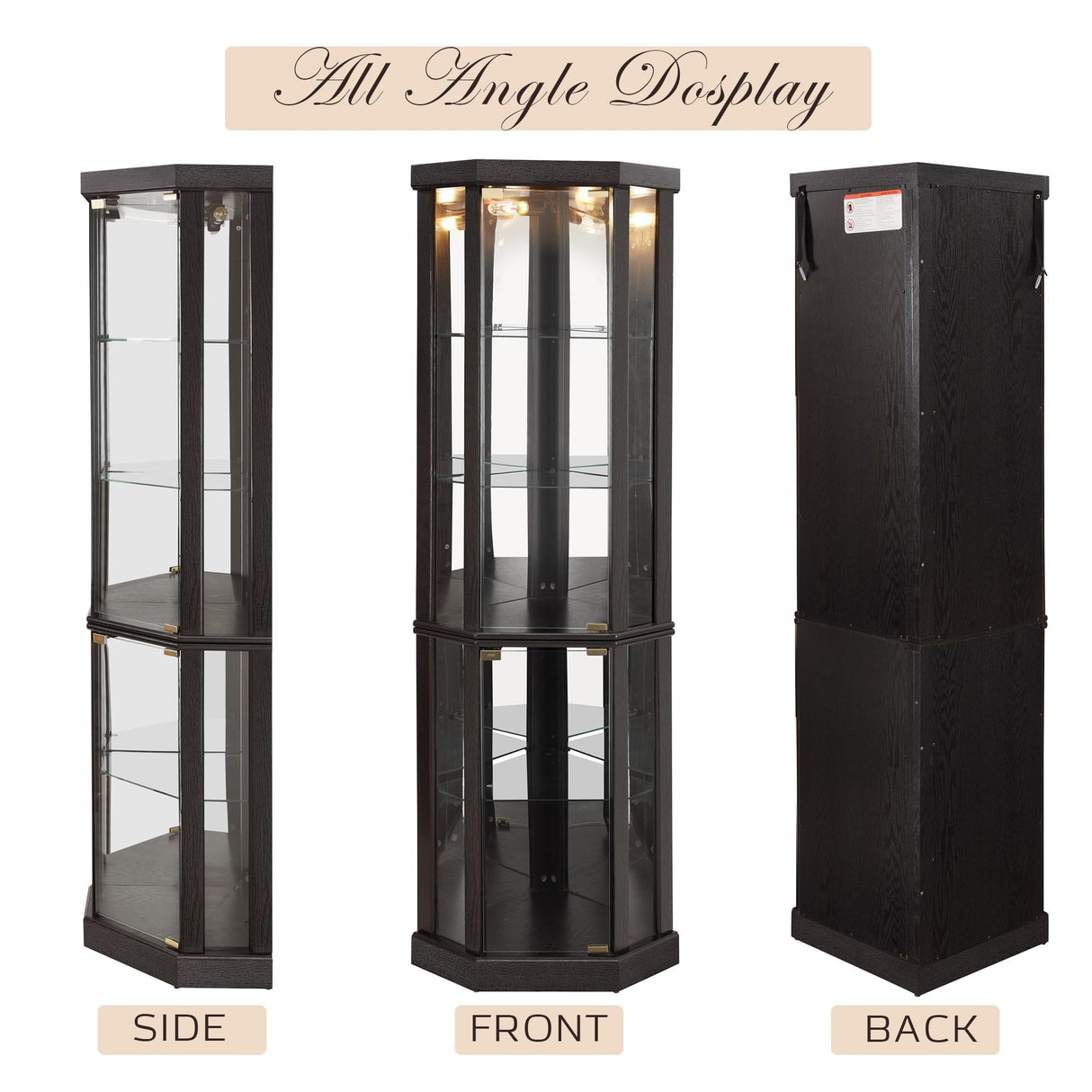 CKEASEAN Corner Curio Cabinet, 70" H Lighted Glass Display Cage with Tempered Glass Doors and 5 Adjustable Shelves, Light Bulb Inclued, Wine Bar China Cabinet for Living Room (Black) CKEASEAN