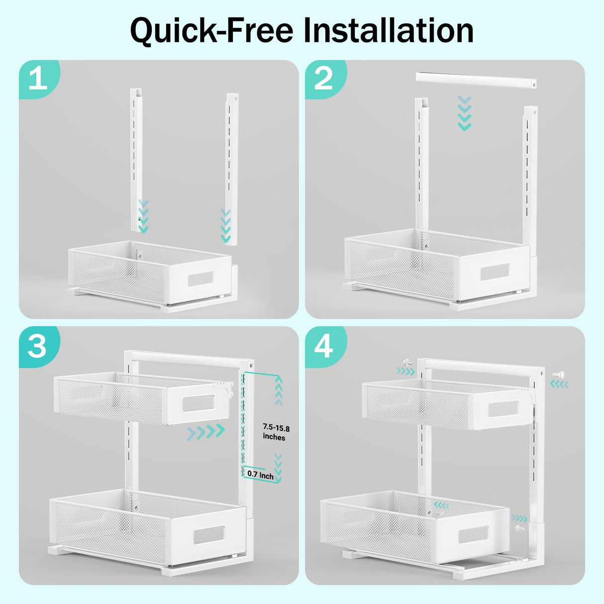 Under Sink Organizer Adjustable Height 2 Tier Bathroom Organizer Pull Out Cabinet Organer kitchen organizers and storage fridge organizers and storage,White,XL-1 Pack Petiza