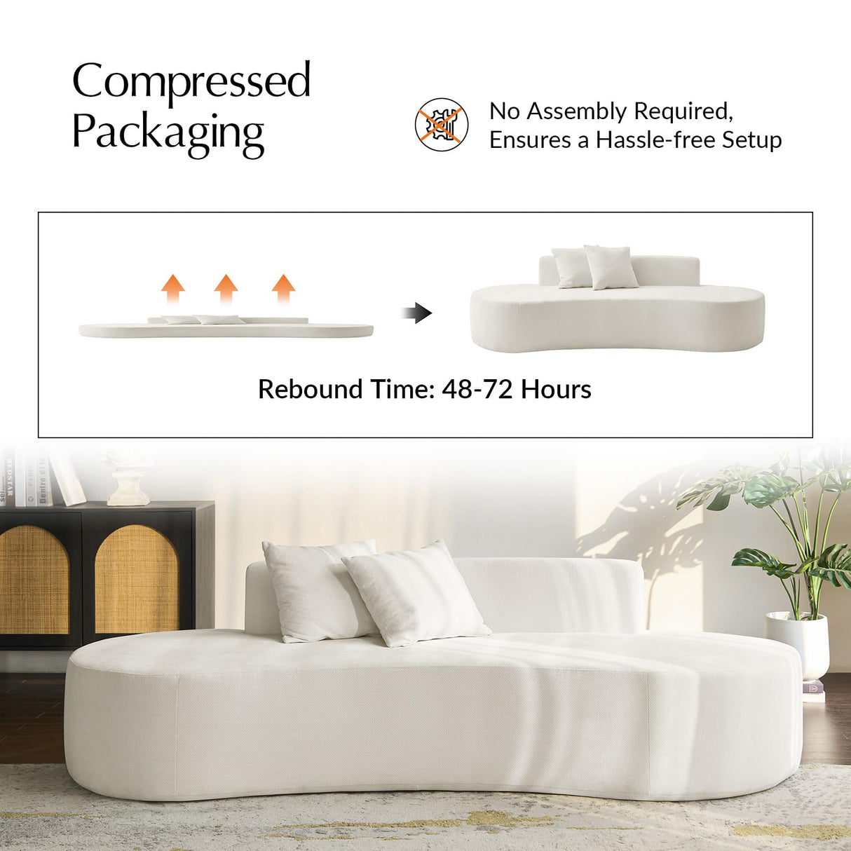 HULALA HOME 94.5" Curved Boneless Couch with Two Pillows, Oversized 3 Seater Compressed Foam Sofa with Deep Seat, Modern Cloud Couch for Living Room, No Assembly Required, Ivory HULALA HOME