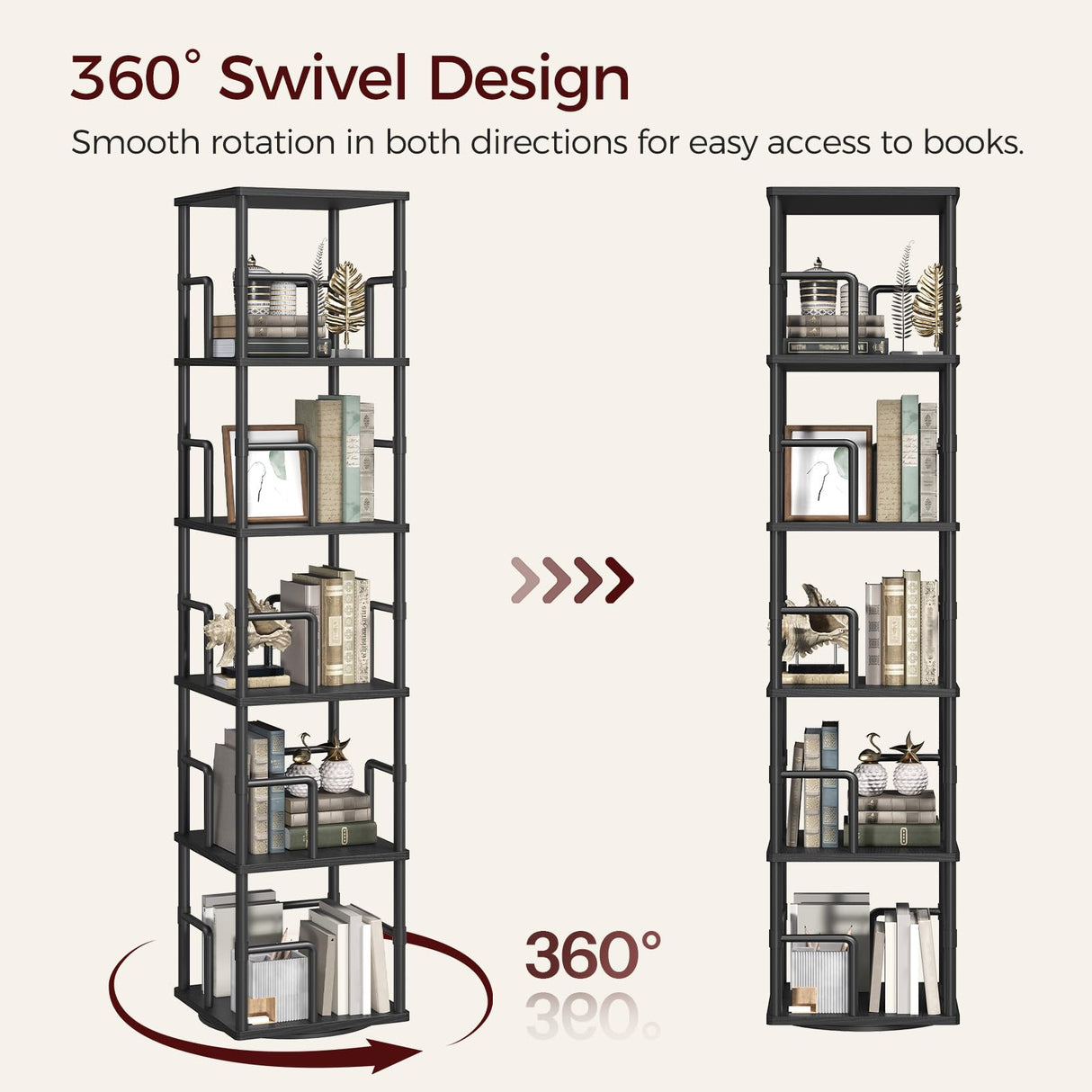MAHANCRIS 5-Tier Rotating Bookshelf, Freestanding Corner Bookshelf, 360° Spinning Bookcase, Industrial Style Storage Rack with Rails, for Living Room, Bedroom, Study, Black BKBK1601 MAHANCRIS