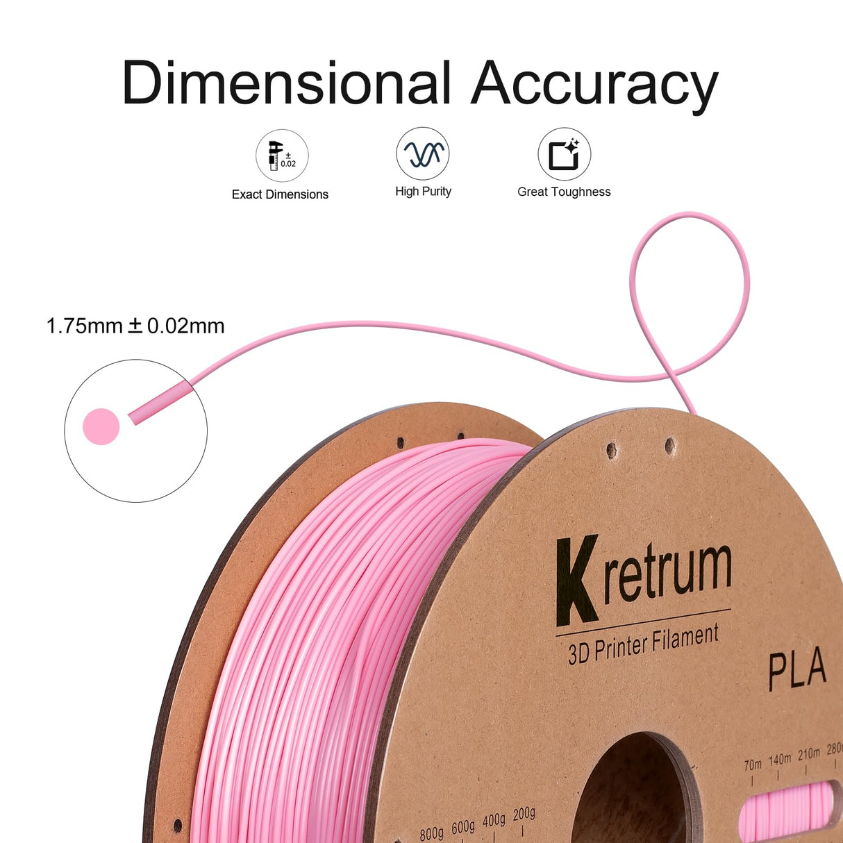 Kretrum Pink PLA 3D Printing Filament 1.75mm 1KG 2.2LBS Cardboard Spool 1.75mm PLA 3D Printer Filament Refills Suitable for Most FDM 3D Printer fits Bambu Creality FlashForge Anycubic ELEGOO etc. Pink Kretrum