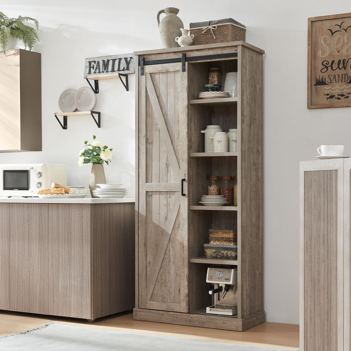 vimitty 72" Tall Farmhouse Storage Cabinet, Large Kitchen Pantry with Sliding Barn Doors & Adjustable Shelves, Versatile Cupboard for Kitchen, Dining Room, Bathroom, Light Rustic Oak vimitty