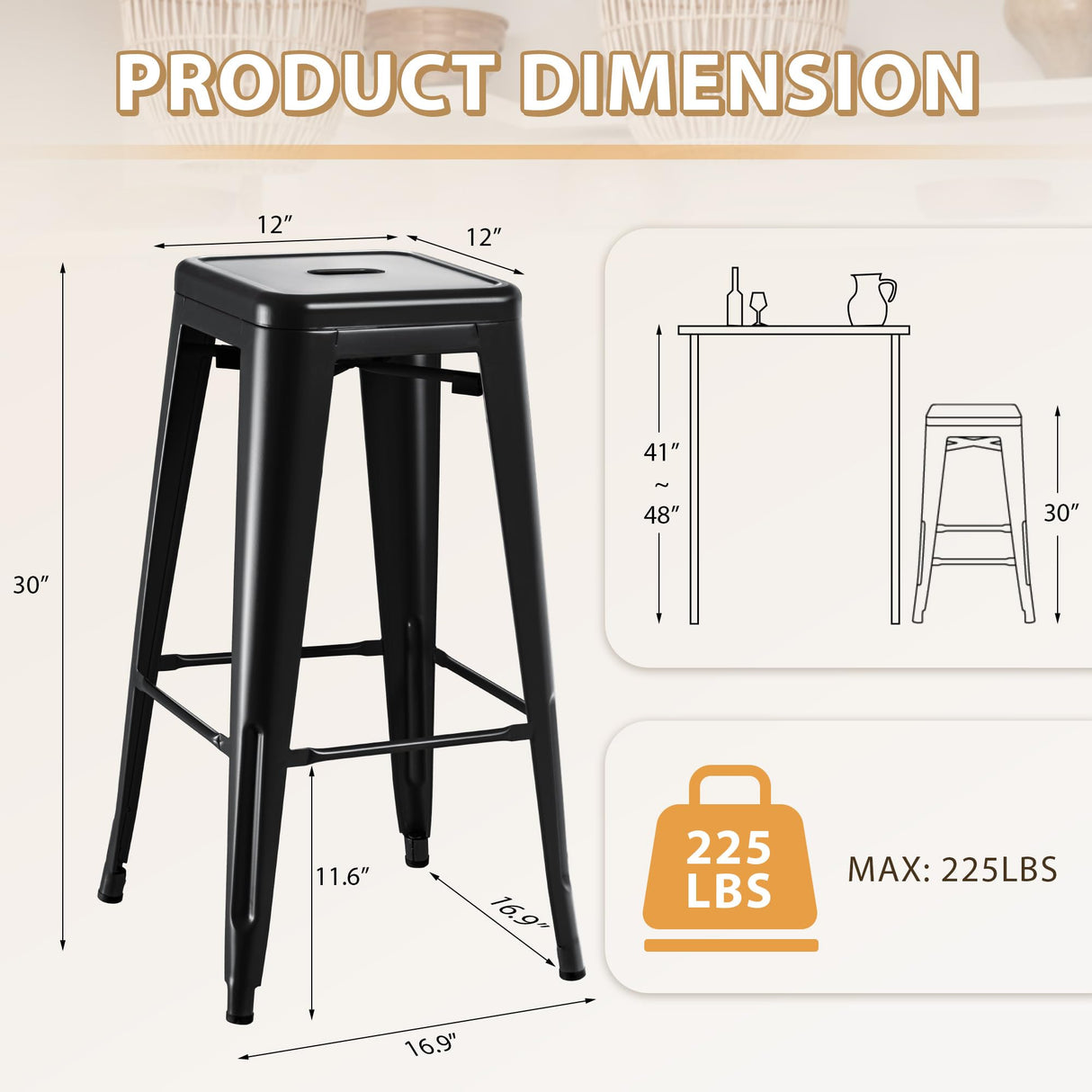 Furmax 30 Inches Metal Bar Stools Bar Height High Backless Stools Indoor Outdoor Stackable Kitchen Stools Set of 4 (Dark Black) Furmax