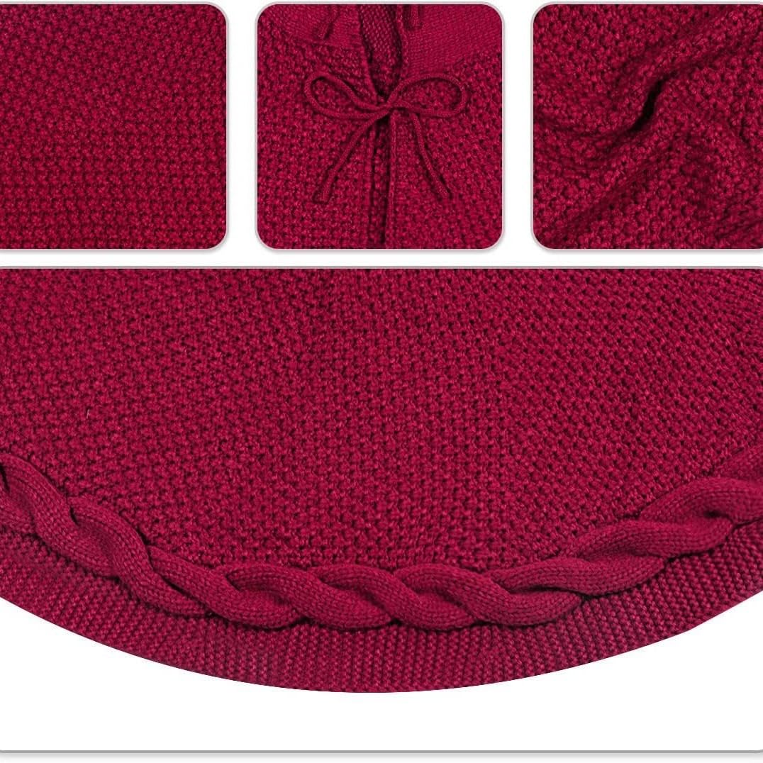 48 Inch Dark Red Knitted Christmas Maroon Tree Skirt, Large Xmas Tree Skirts Round Base Skirt for Christmas Tree Decorations, for 6-8FT Tree Christmas Treer Burgundy Tree Skirt Rug Decorations Generic