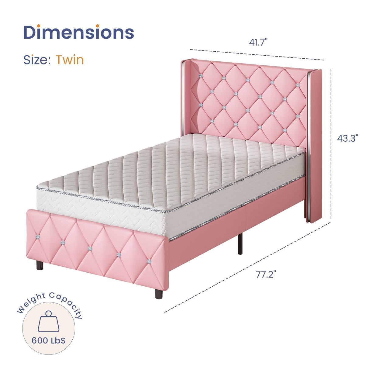 HOMBCK Twin Bed Frame, Upholstered Bed Frame with Diamond Tufted Headboard, Twin Bed Frames for Girls, Cute Princess Bed, Faux Leather, Wooden Slats Support, No Box Spring Needed, Pink HOMBCK
