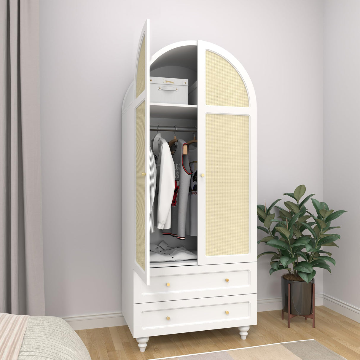 YUCHIATH Arched Armoire Wardrobe Closet with 2 Rattan Doors, Wooden Wardrobe Closet with 2 Drawers, 74.8 "H Bedroom Armoires with Hanging Rod (White) YUCHIATH