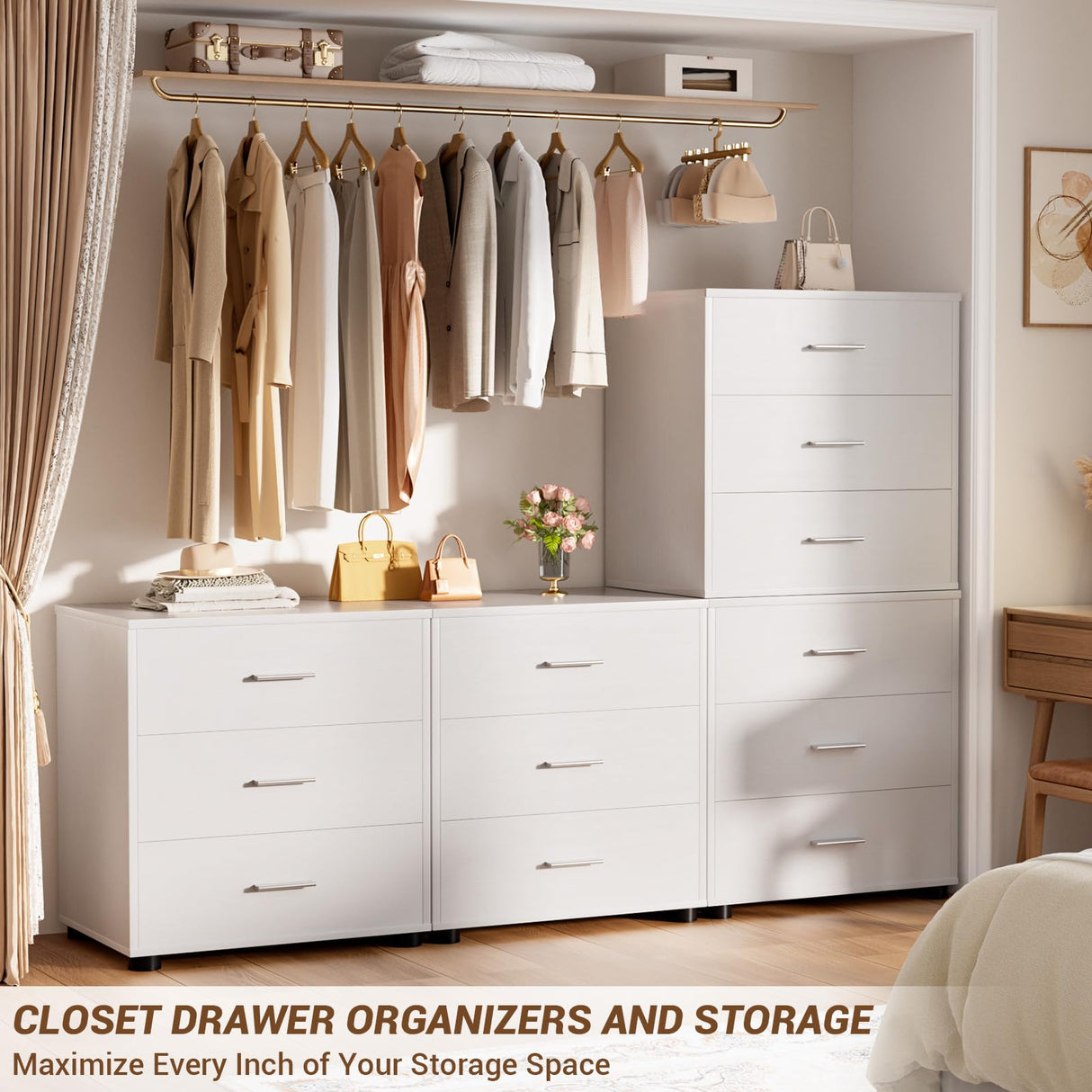 Aheaplus Closet Drawers Set of 2, Wood Closet Organizers and Storage with 3 Drawers, Closet Drawers Organizer System, Nightstands Bedside End Table with 3 Drawers Storage for Bedroom, White Aheaplus
