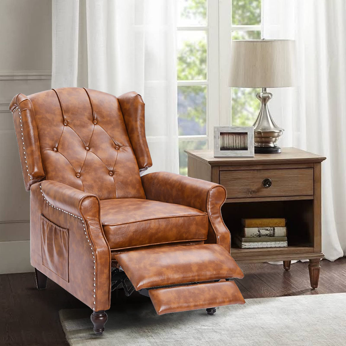 VUYUYU Wingback Recliner Chair, Push Back Arm Chair with Heat and Massage, PU Leather Single Sofa for Home, Living Room, Office, Bedroom(Cognac Brown,Set of 2) VUYUYU