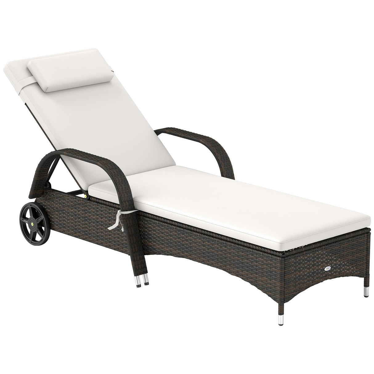 Outsunny Wicker Outdoor Chaise Lounge, 5-Level Adjustable Backrest PE Rattan Pool Lounge Chair with Wheels, Cushion & Headrest, Mixed Brown and Cream White Outsunny