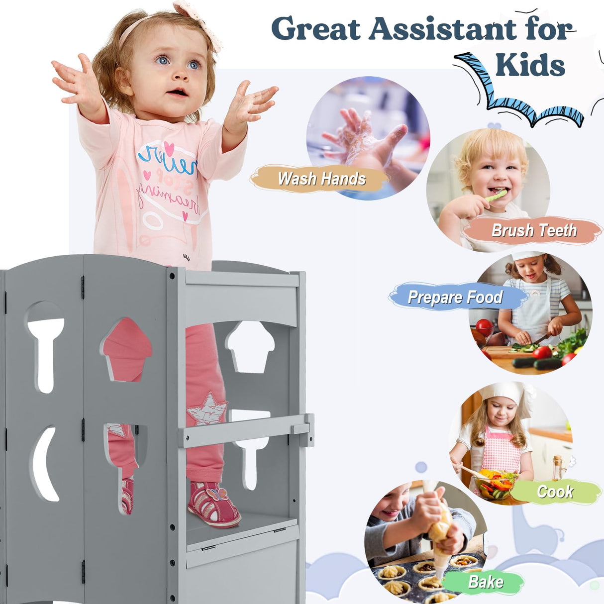 Costzon Toddler Tower, Foldable Kids Kitchen Step Stool w/Safety Rail, Height Adjustable Wood Standing Tower for Toddlers, Montessori Child Learning Tower for Bathroom, Kitchen Counter Costzon