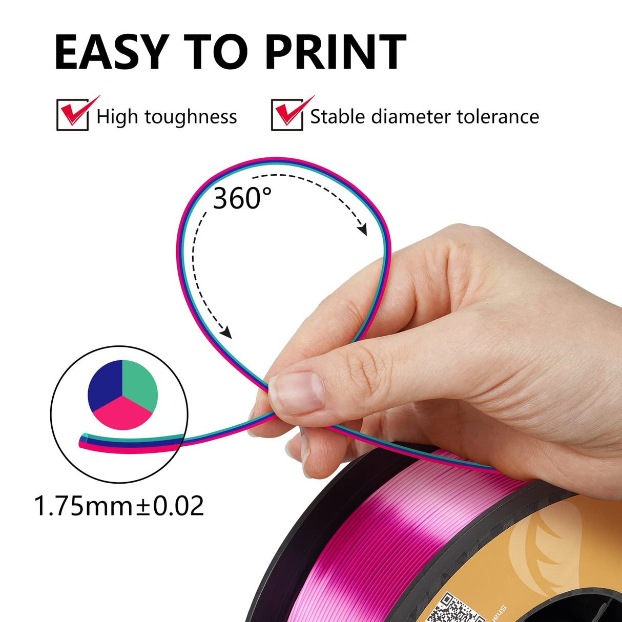 Kingroon PLA 3D Printer Filament, Triple Color Silk PLA Filament, Dimensional Accuracy +/- 0.03 mm, 1 kg Spool(2.2lbs), 1.75 mm, Red Blue Green Kingroon