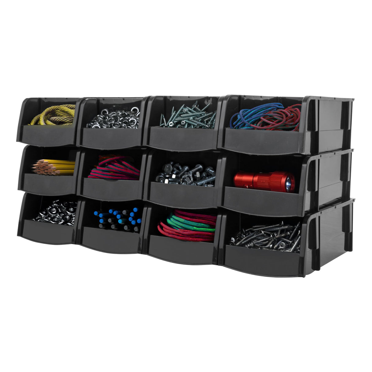 IRIS USA Small Stackable Storage Bins, 12-Pack, 7.5 x 4.5 x 3 inch, |Made in USA|, Plastic Open Front Shelf Bin for Organizing Parts, Hardware, Tools, Supplies, Garage Shelf, Pantry - Black IRIS USA