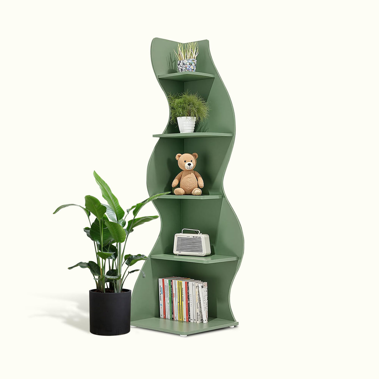 HIGREENA Corner Shelf, 5-Tier Corner Wall Shelf, Modern Corner Shelves Stand Bookcase, Small Display Storage for Living Room, Green HIGREENA