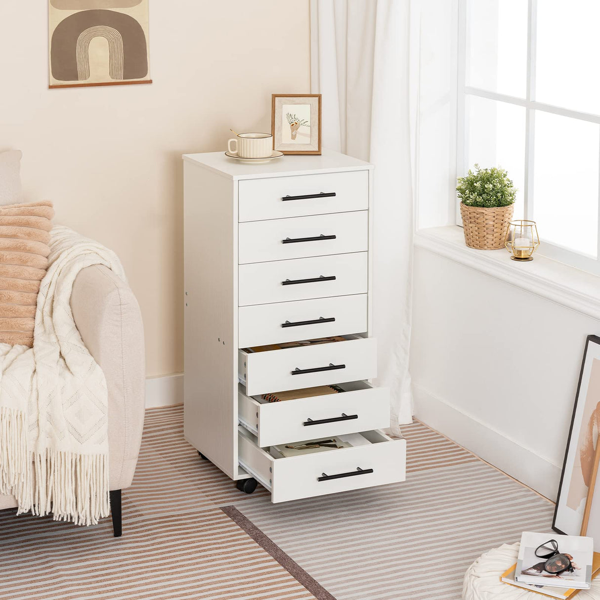 HOOBRO 7-Drawer Chest, File Cabinet, Wooden File Cabinet, Office Cabinet with Drawers, Storage Cabinet, for Home Office, Study, Easy Assembly, White WT07WJ01 HOOBRO