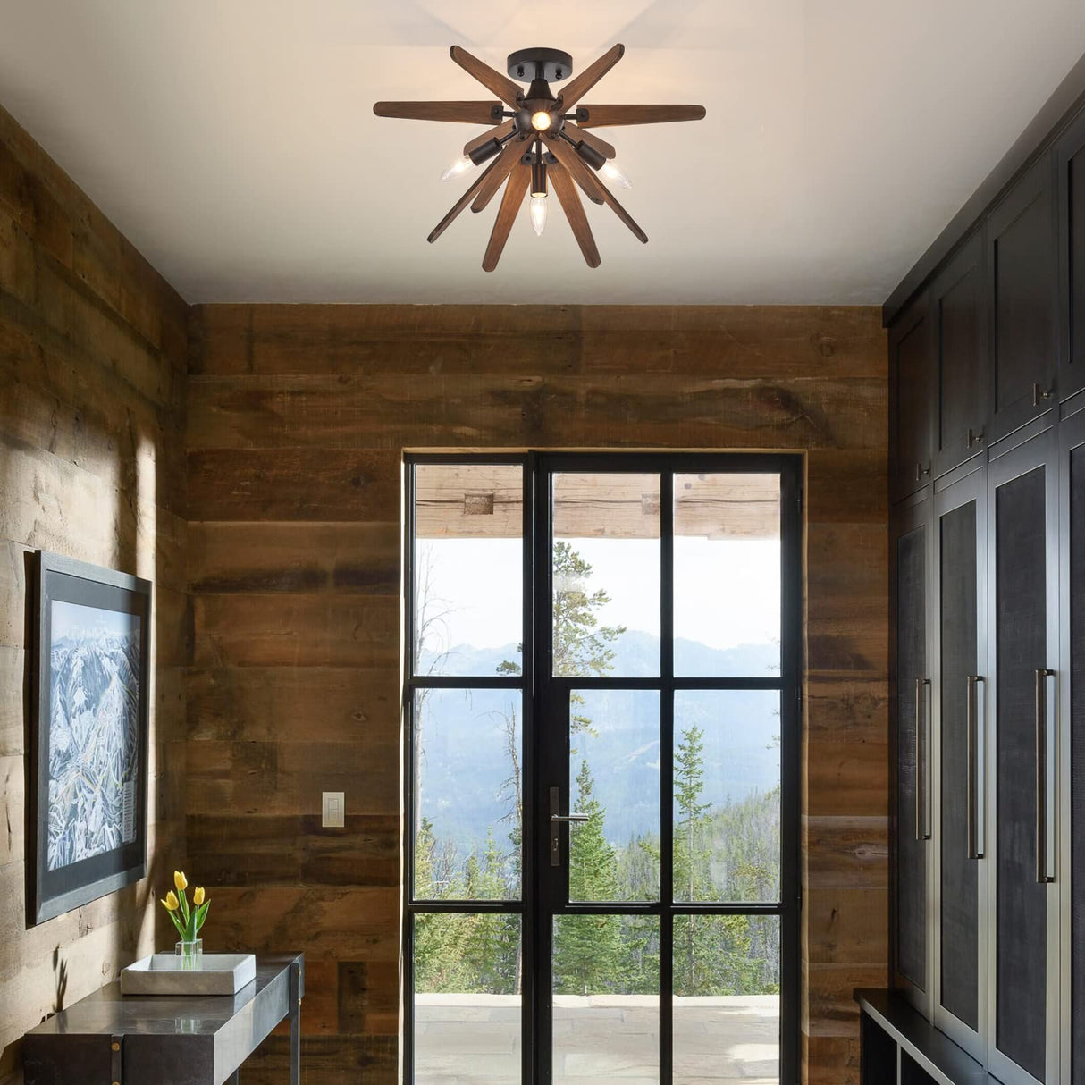 VANZARLA 4-Light Sputnik Semi Flush Mount Light Black, Wood Hallway Lights, Farmhouse Light Fixture for Kitchen, Rustic Close to Ceiling Light Fixture for Entryway Laundry Nursery Bedroom VANZARLA