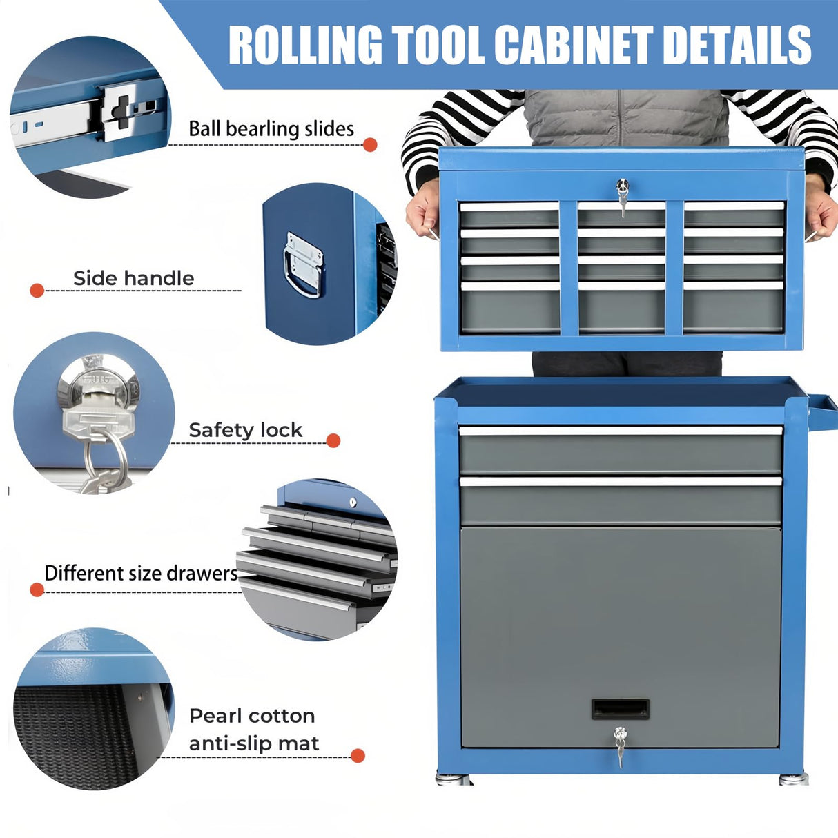 AIRAJ PRO Rolling Tool Chest with Wheels,8-Drawer Large Tool Storage Cabinet with 10 Hooks & 8 Tool Box Organizer & 2 Keys,Detachable High Capacity Tool Chest for Workshop Mechanics Garage AIRAJ PRO