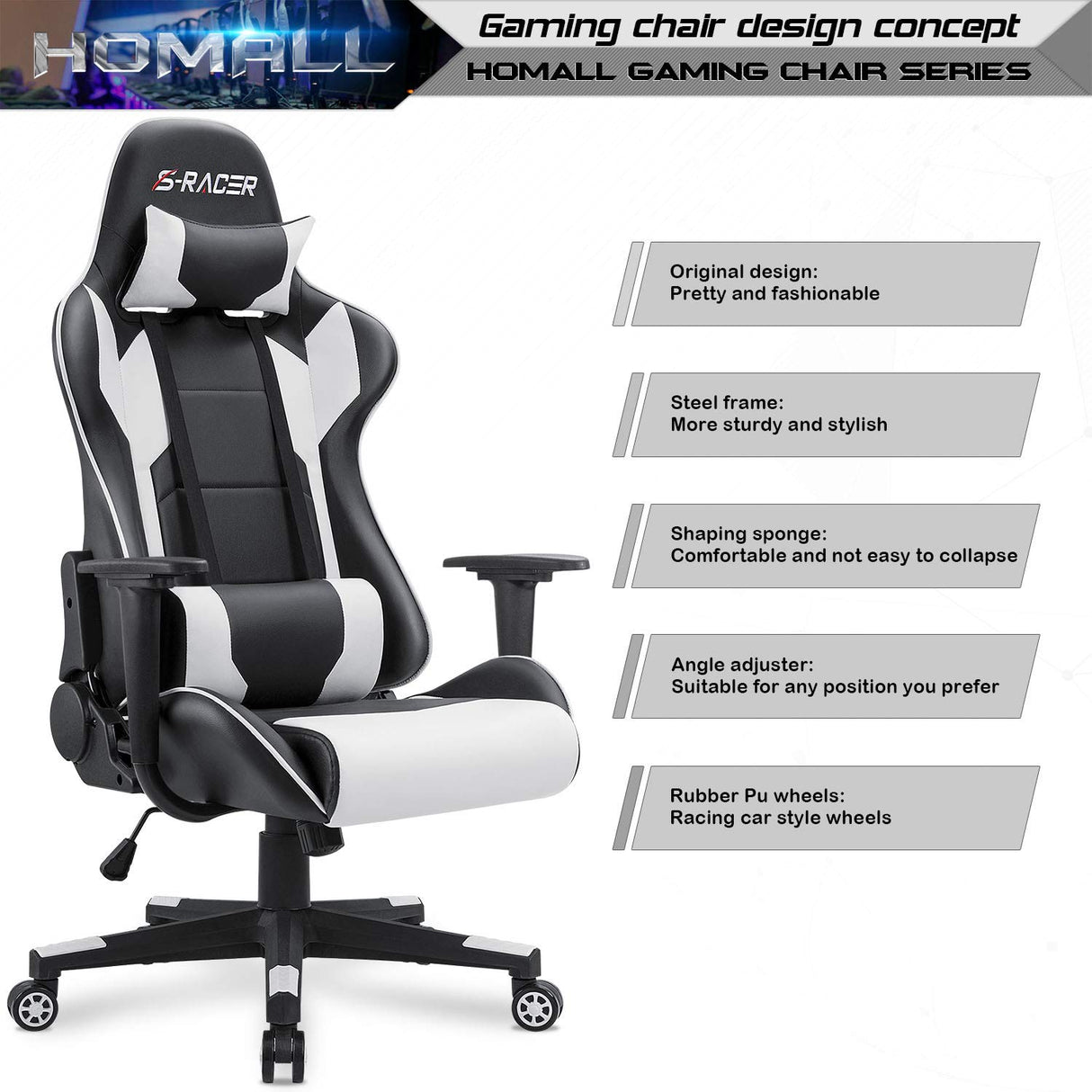 Homall Gaming Chair, Office Chair High Back Computer Chair Leather Desk Chair Racing Executive Ergonomic Adjustable Swivel Task Chair with Headrest and Lumbar Support (White) Homall